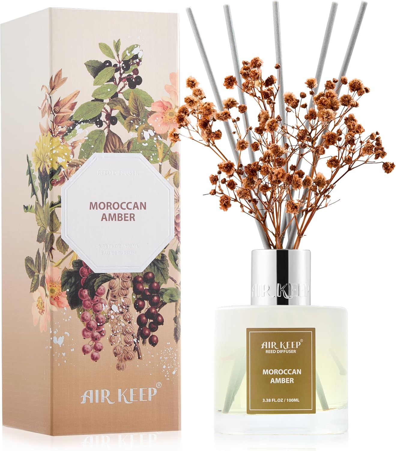 Airkeep Reed Diffuser Set,3.38 fl oz (100 ml) - Moroccan Amber Oil Diffusers with 8 Reed Sticks, Home Fragrance Reed Diffuser for Bathroom Shelf Decor