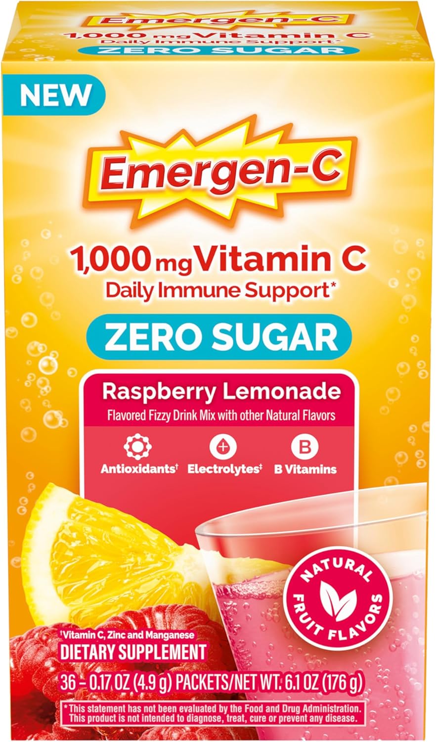 Emergen-C Zero Sugar 1000 mg Vitamin C Powder for Daily Immune Support Caffeine Free Vitamin C Supplements with Zinc and Manganese, B Vitamins and Electrolytes, Raspberry Lemonade Flavor - 36 Count