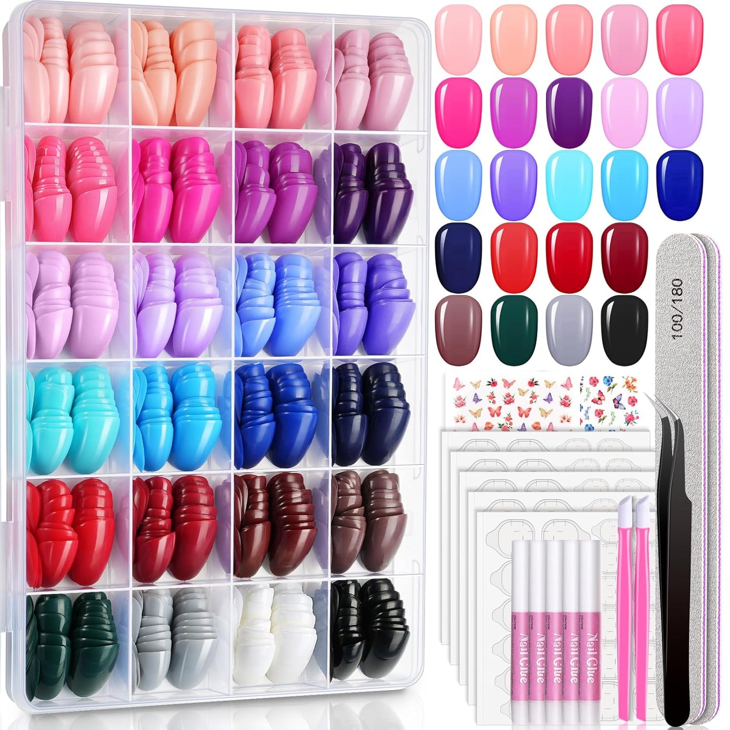 24 Colors Press On Nails, TsMADDTs 720PCS Short Oval Press On Nails with Glue, File, Tabs, Stickers and Tweezer for Home Manicure or Salon