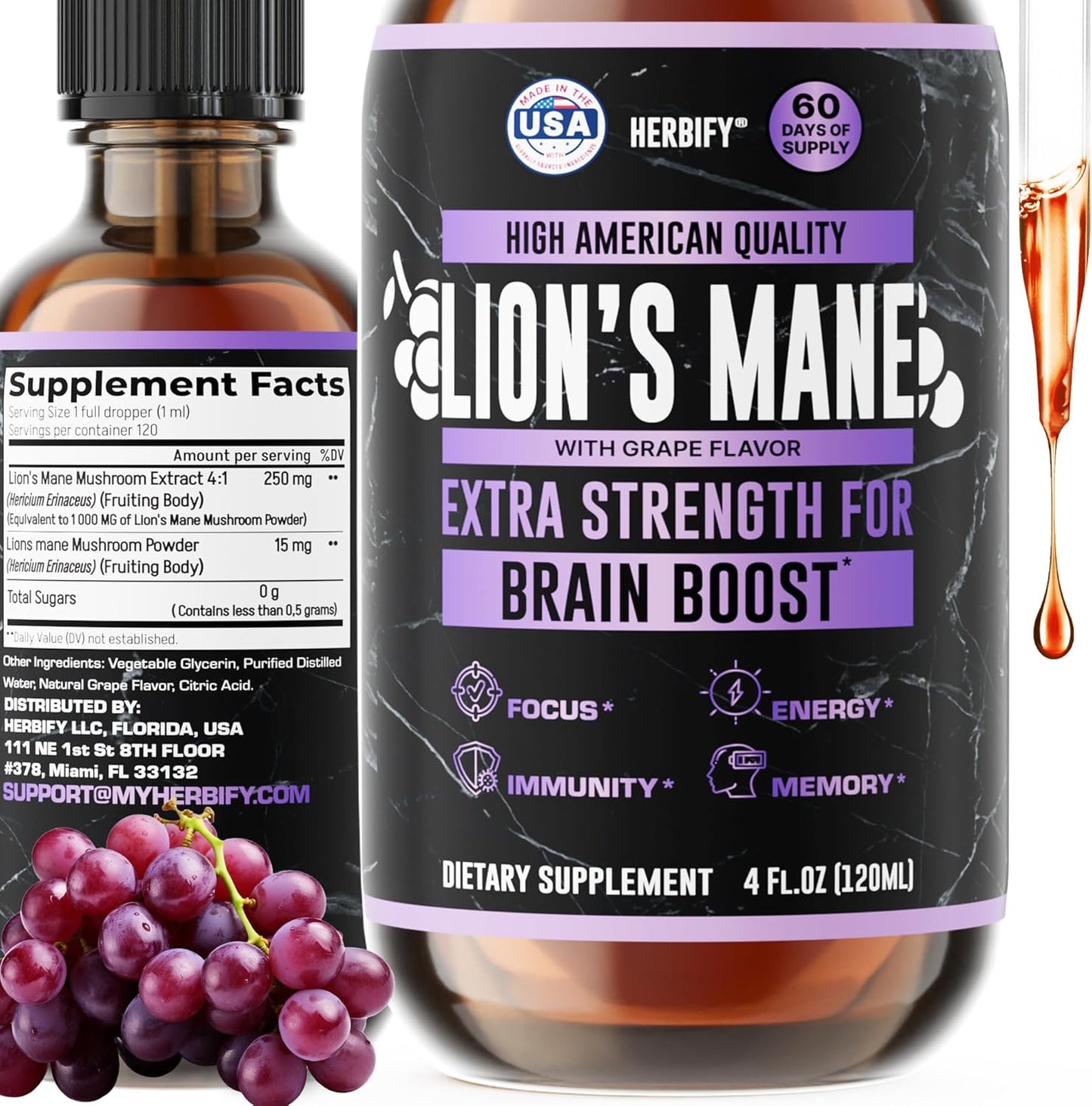 HERBIFY Lions Mane Supplement - Daily Mushroom Supplement for Memory, Focus & Clarity - Brain Booster - Lions Mane Tincture for Immune Support - 4 Fl oz Grape Flavor