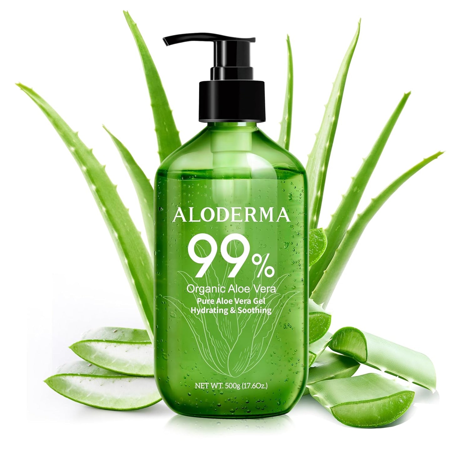 Aloderma 99% Organic Pure Aloe Vera Gel Made within 12 Hours of Harvest, 17.6oz Value Pump, Lightweight Non-Sticky Aloe Vera Gel for Sunburn Relief, Natural, Soothing Aloe Vera for Face & Hair