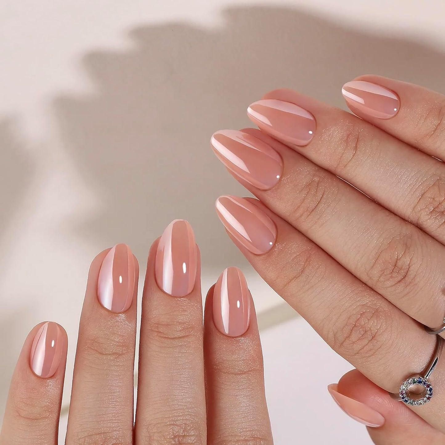 Press On Nails - Silk Blush I Medium Almond Chrome Nude l I 16 Sizes - 32 Reusable Fake Nail Kit - Glue & Adhesive Tabs I Long-Lasting, Damage-Free Wear