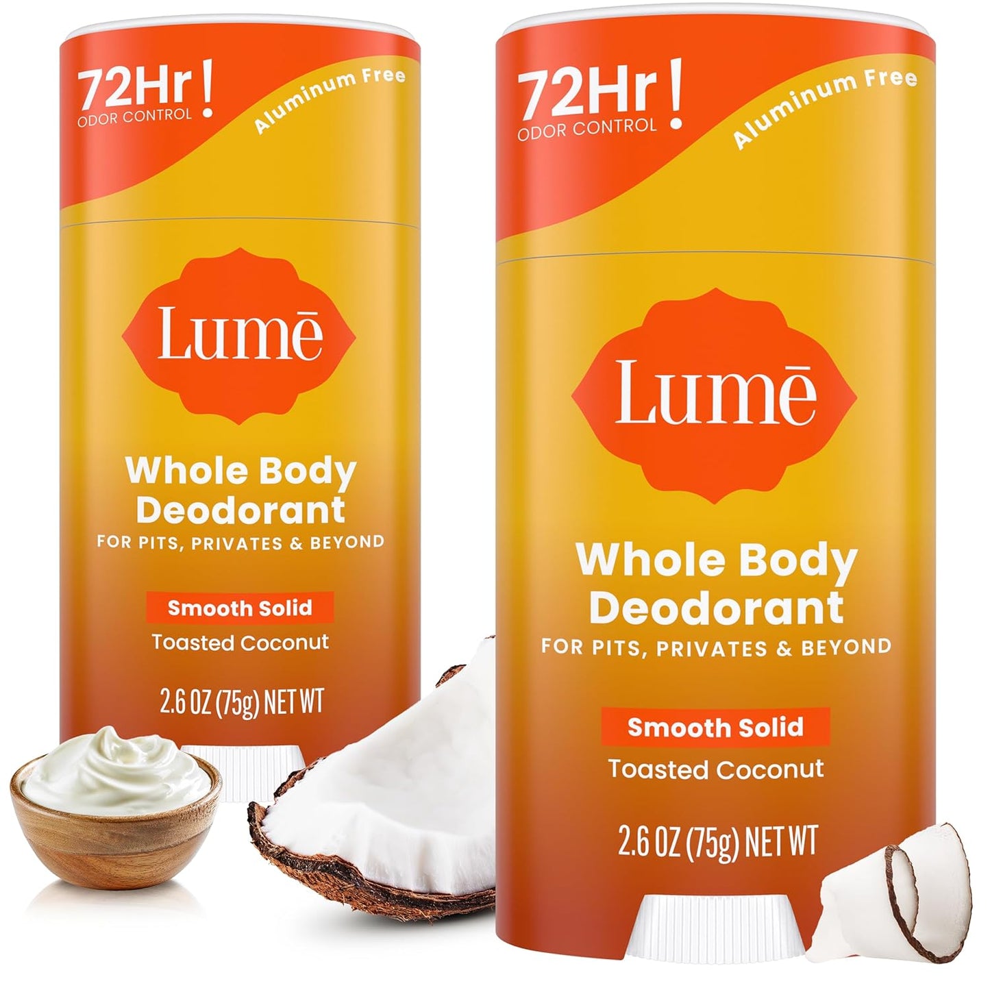 Lume Whole Body Deodorant - Smooth Solid Stick - 72 Hour Odor Control - Aluminum Free, Baking Soda Free and Skin Safe - 2.6 Ounce (Pack of 2) (Toasted Coconut)