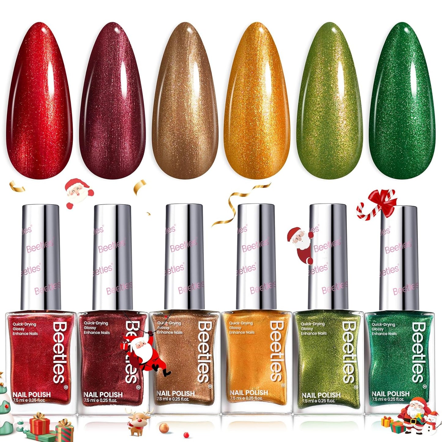 Beetles Fall Nail Polish Set - Glamour Era 6 Colors Quick Dry Glitter Burgundy Red Gold Green Yellow High-Gloss Long-Lasting Nail Polish for DIY At-Home Manicure Christmas Gift for Women