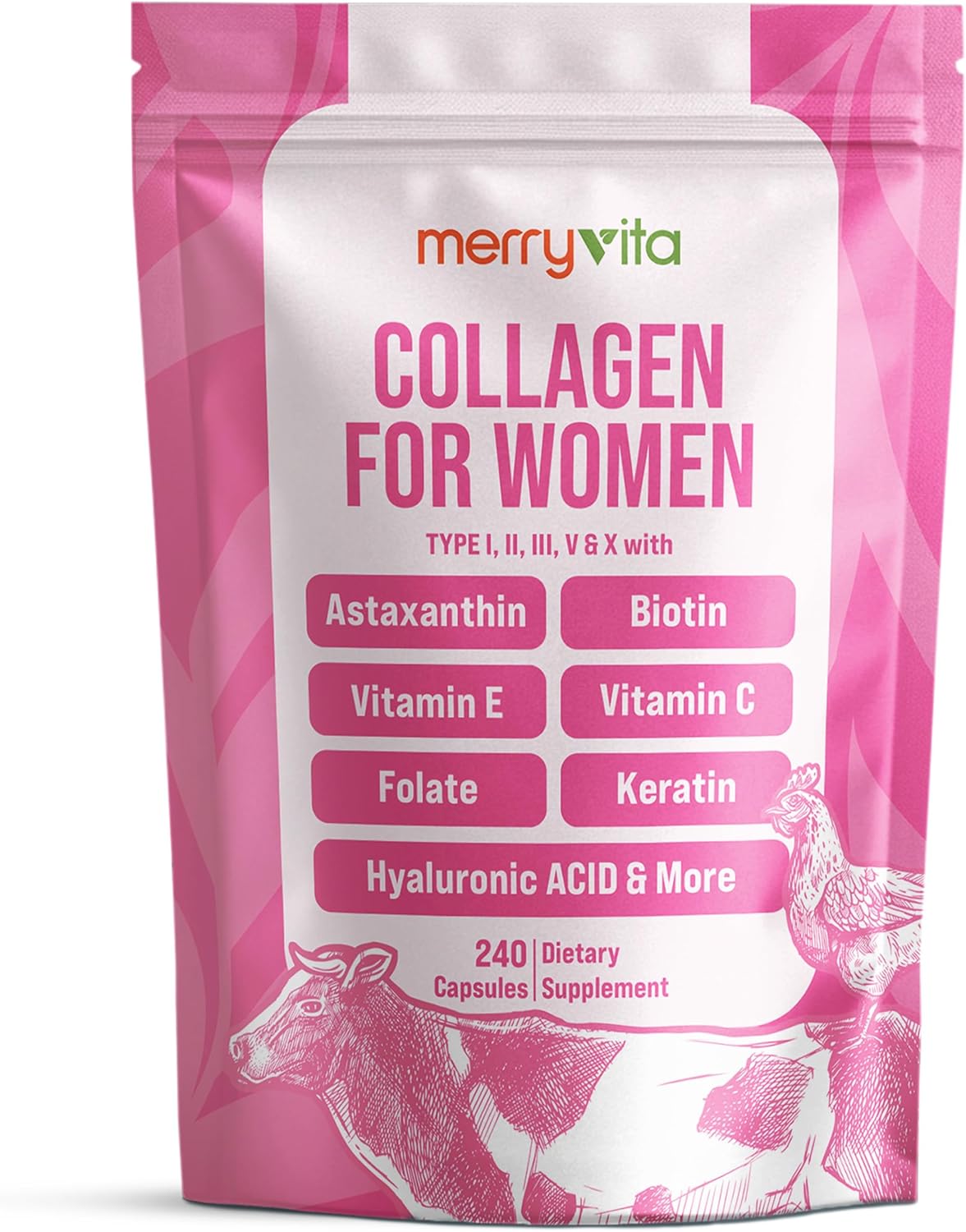 Collagen for Women â Hydrolyzed Multi Collagen Peptides Types I, II, III, V & X â Collagen Supplement with Vitamin C, Biotin & Hyaluronic Acid â Grass Fed, Non-GMO, 240 Capsules