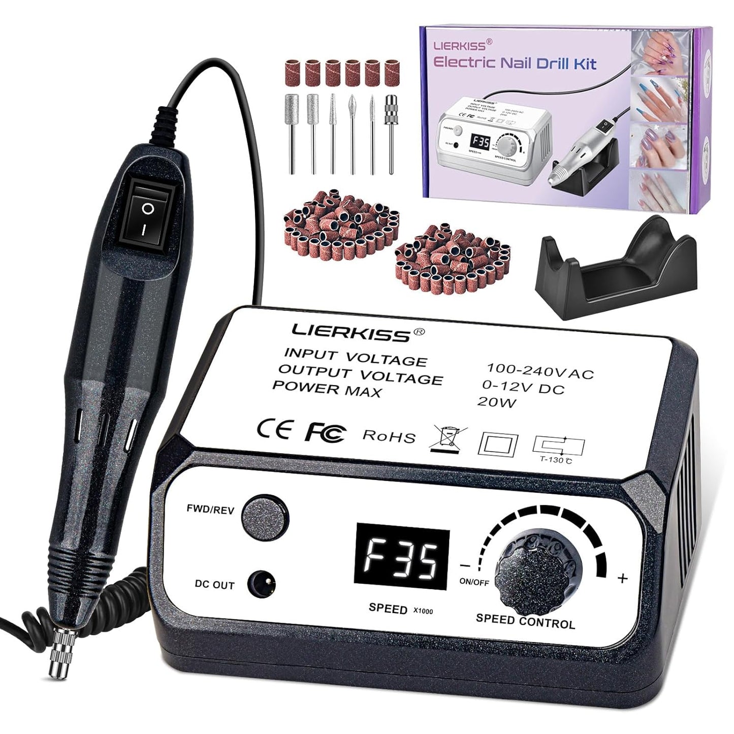 Nail Drill 35000RPM Electric Nail File Professional Dril Nails with 100pcs Sanding Bands and Nail Drill Bits for Acrylic, Gel Nail Manicure & Pedicure