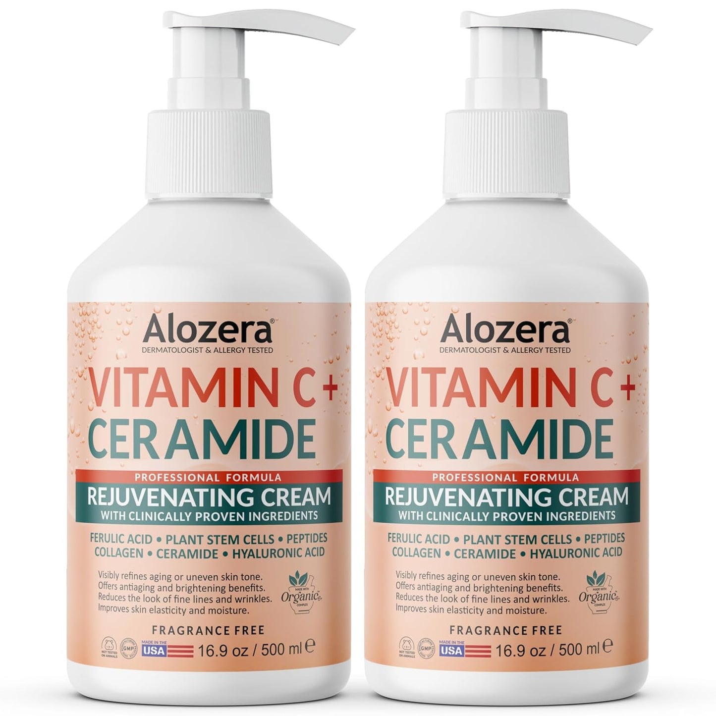 Alozera Vitamin C Body Lotion with Ceramides & Stem Cells, Anti-Aging Moisturizer Cream for Noticeably Youthful, Even Skin Tone, Lightweight, Fragrance-Free, 16.9 oz 2-Pack