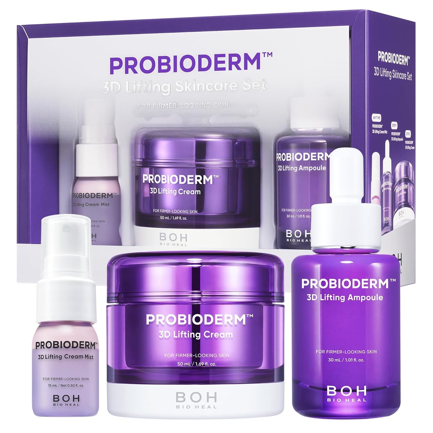 BIOHEAL BOH Probioderm 3D Lifting Skincare Set | Anti-Aging Face Moisturizer Night Cream, Ampoule & Facial Serum Spray | Korean Skin Care Kit for Firming & Hydration | K Beauty Gift Set for Women