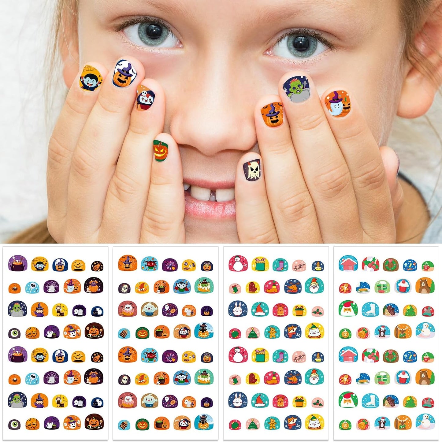 Nail Stickers for Kids - Halloween&Christmas Cute 3D Self-Adhesive Designs, DIY Nail Art Decals for Little Girls, Toddler (4 Sheets)