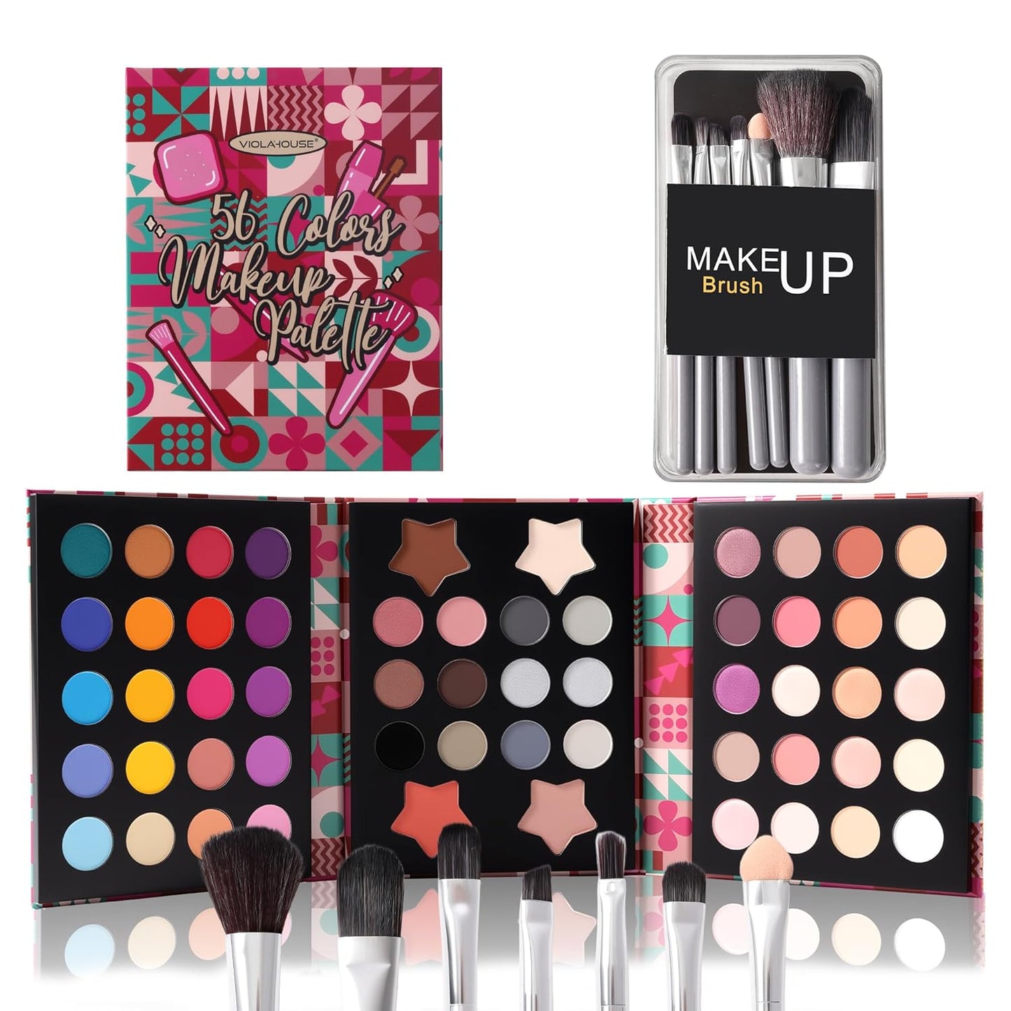 VIOLA HOUSE 56-shade Eyeshadow Palette Makeup Set with 7 Eyeshadow Brush,Makeup Platte kit with Matte,Glitter,and Iridescent Eyeshadows,Multicolored Makeup Set with Brushes, Christmas Makeup for Women