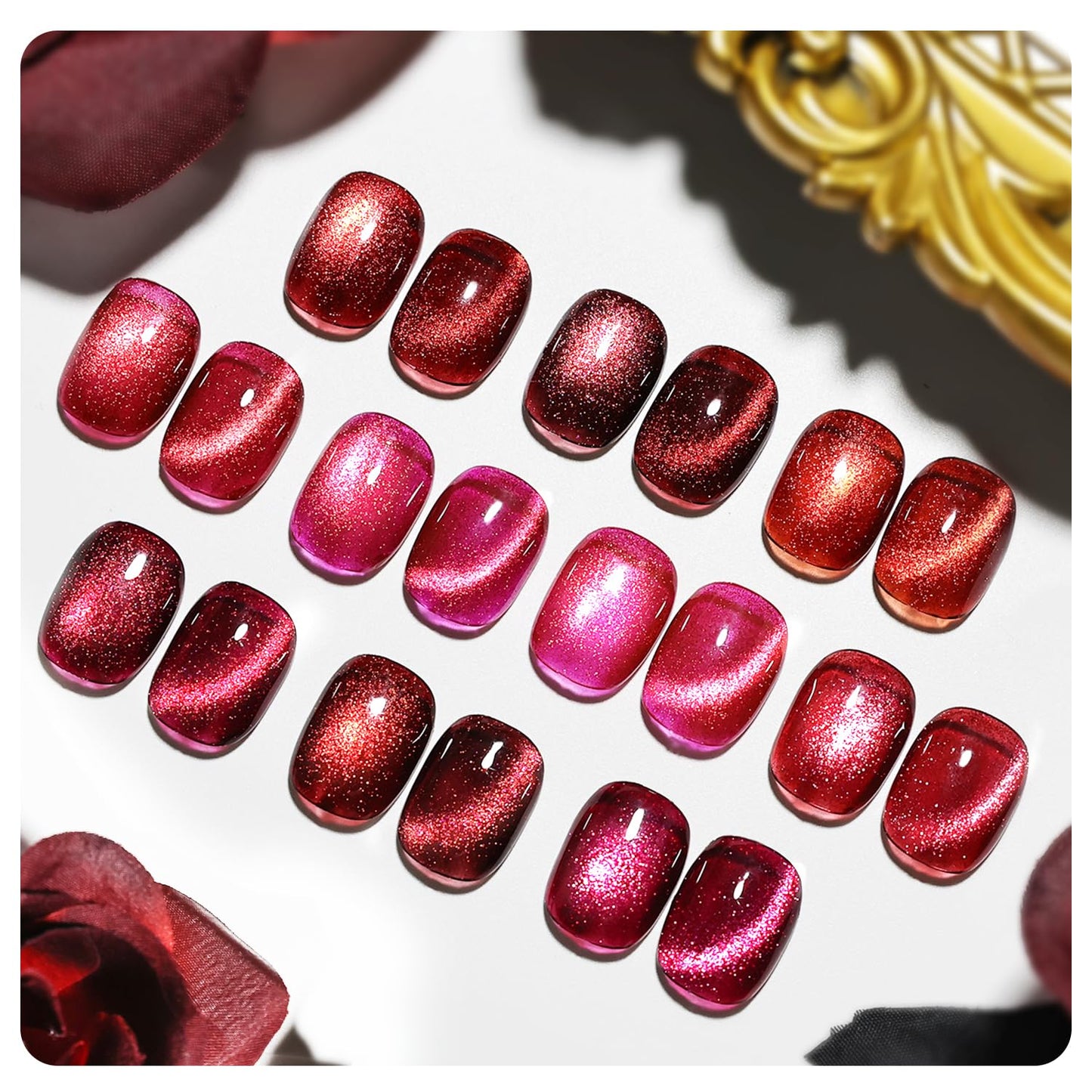 JODSONE Cat Eye Gel Nail Polish Set Burgundy Red with Base Coat Top Coat & Magnet Stick Elegant Romantic Salon Nail Art Manicure Gift for Women