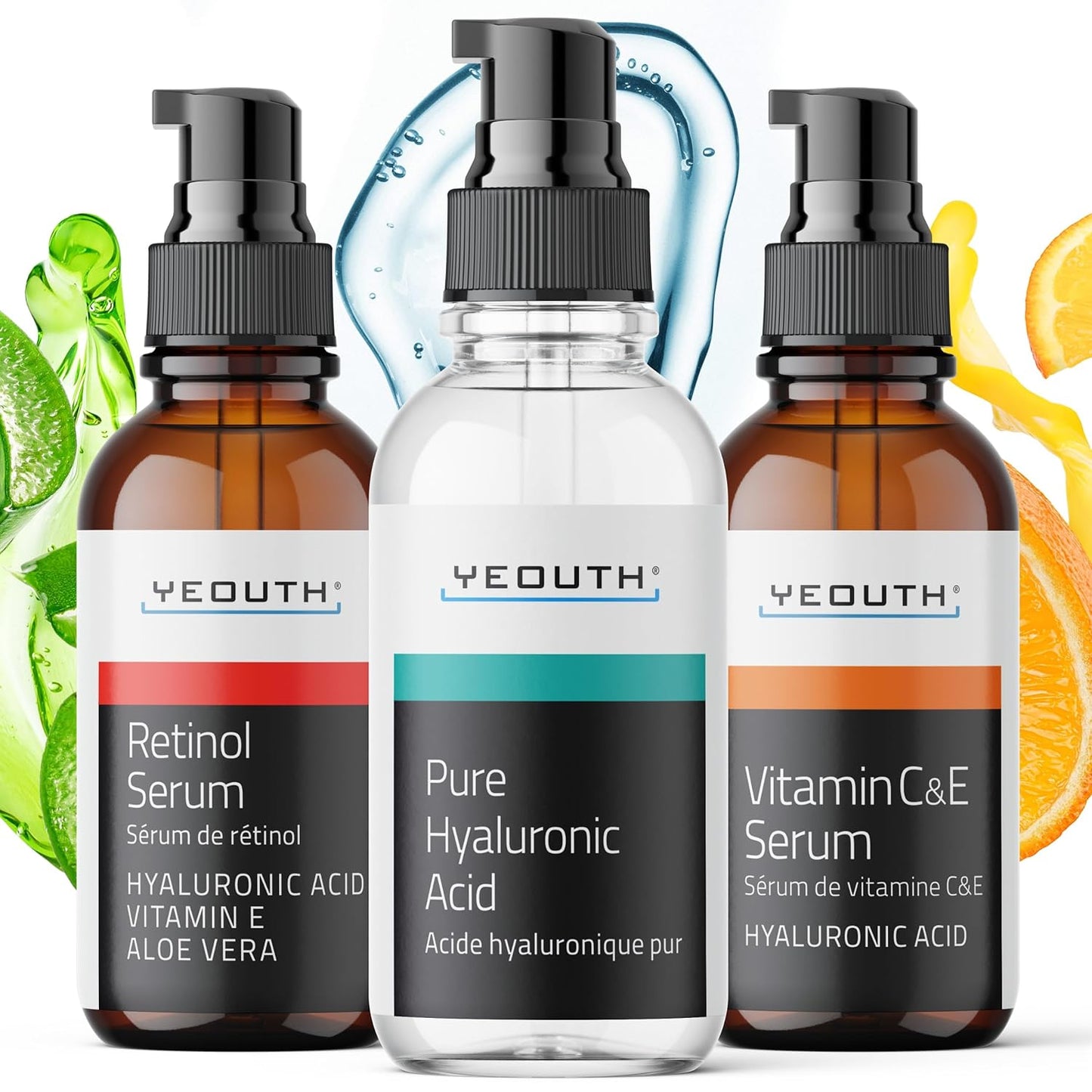 YEOUTH Skin Care Set: Retinol Serum for Face, Vitamin C and Hyaluronic Acid Serum, Face Care Kit that Targets Appearance of Uneven Uneven Skin and Dryness 3x1 oz
