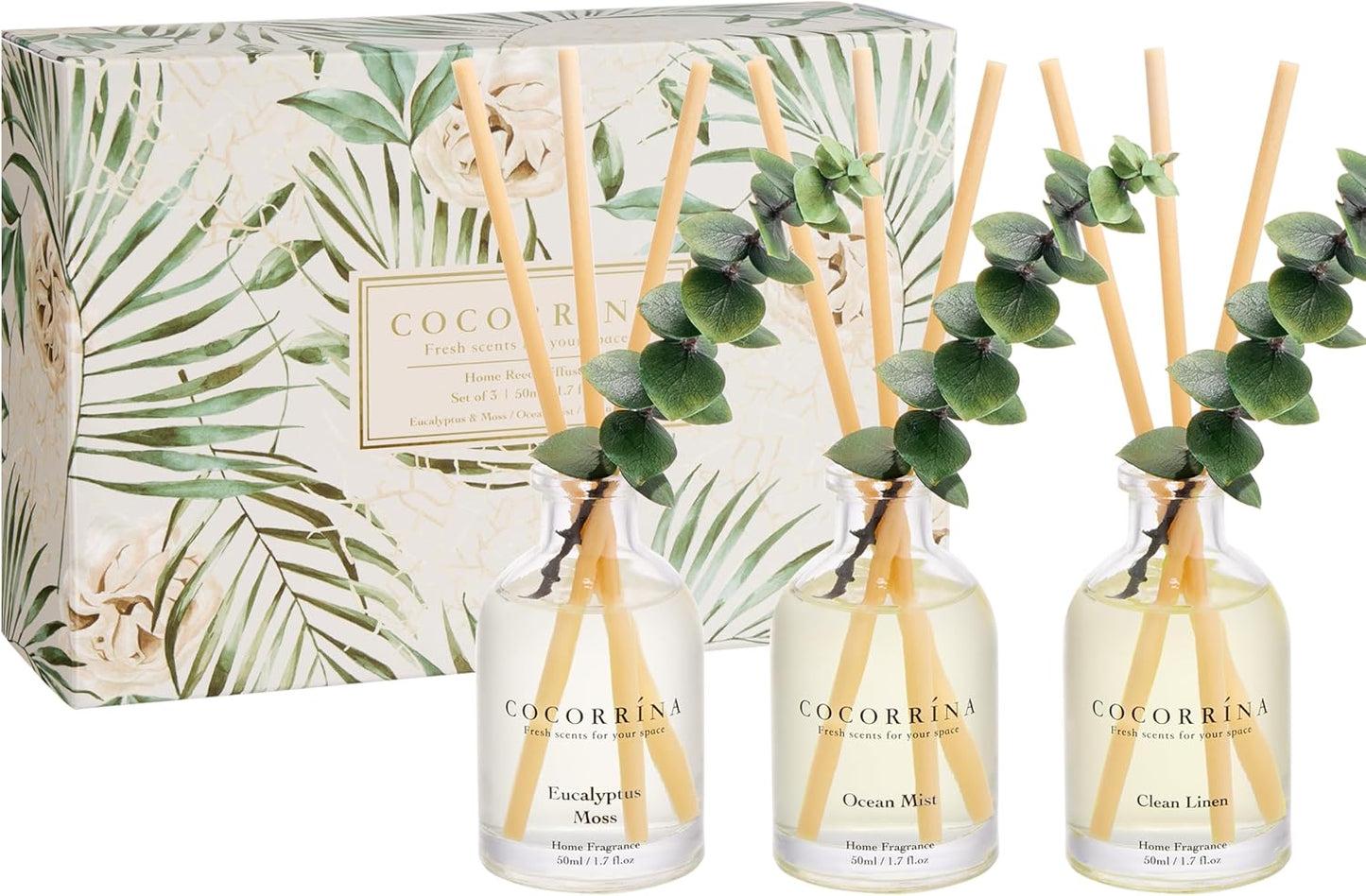 COCORRÍNA Eucalyptus Reed Diffuser Set of 3 - Eucalyptus & Moss, Clean Linen, Ocean Mist Scents, 1.7 fl oz Each, Total 5.1 oz, Scented Oil Diffusers for Home & Office