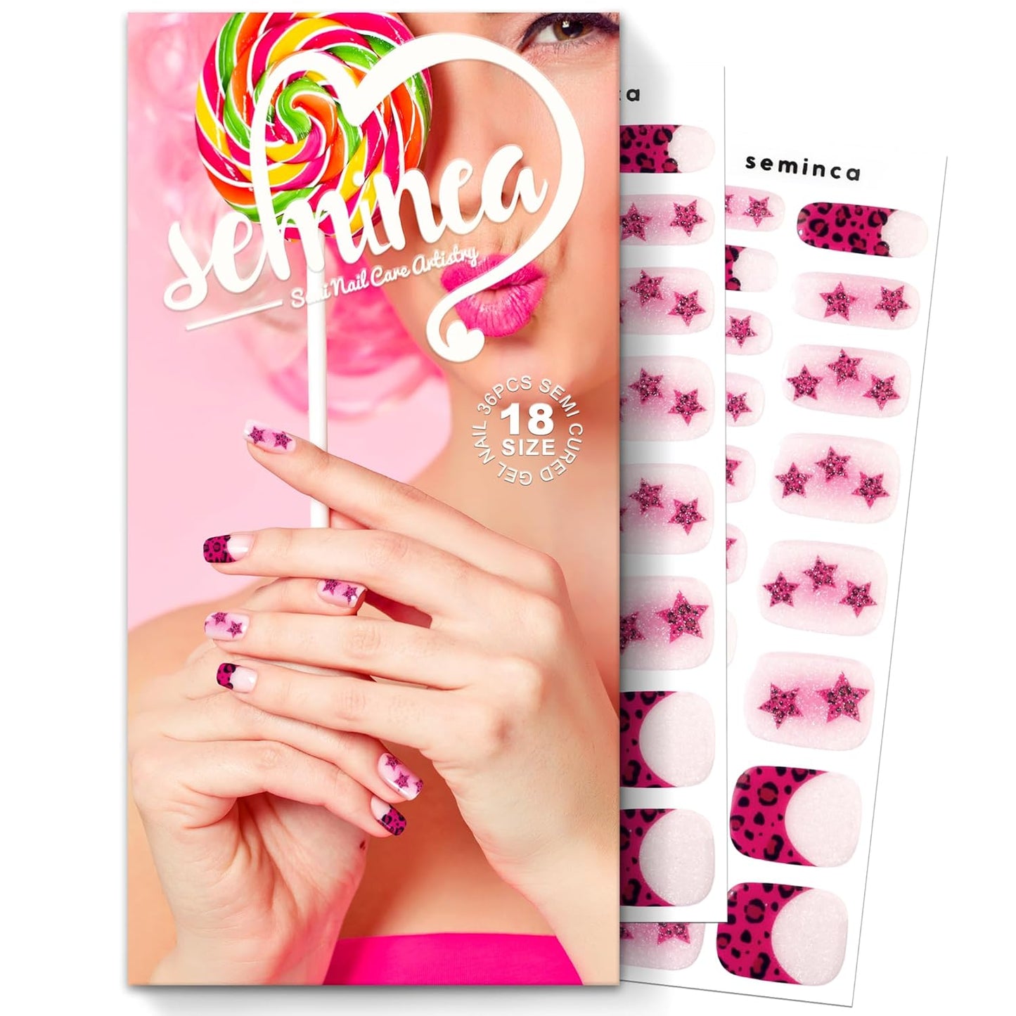 Semi Cured Gel Nail Strips-Sizzling Rose Star & Leopard Design, Fast Cure, Glossy Finish, Durable, Easy DIY Nail Art for Parties & Holidays Works with Any UV/LED Lamps(Starry Wild Child)