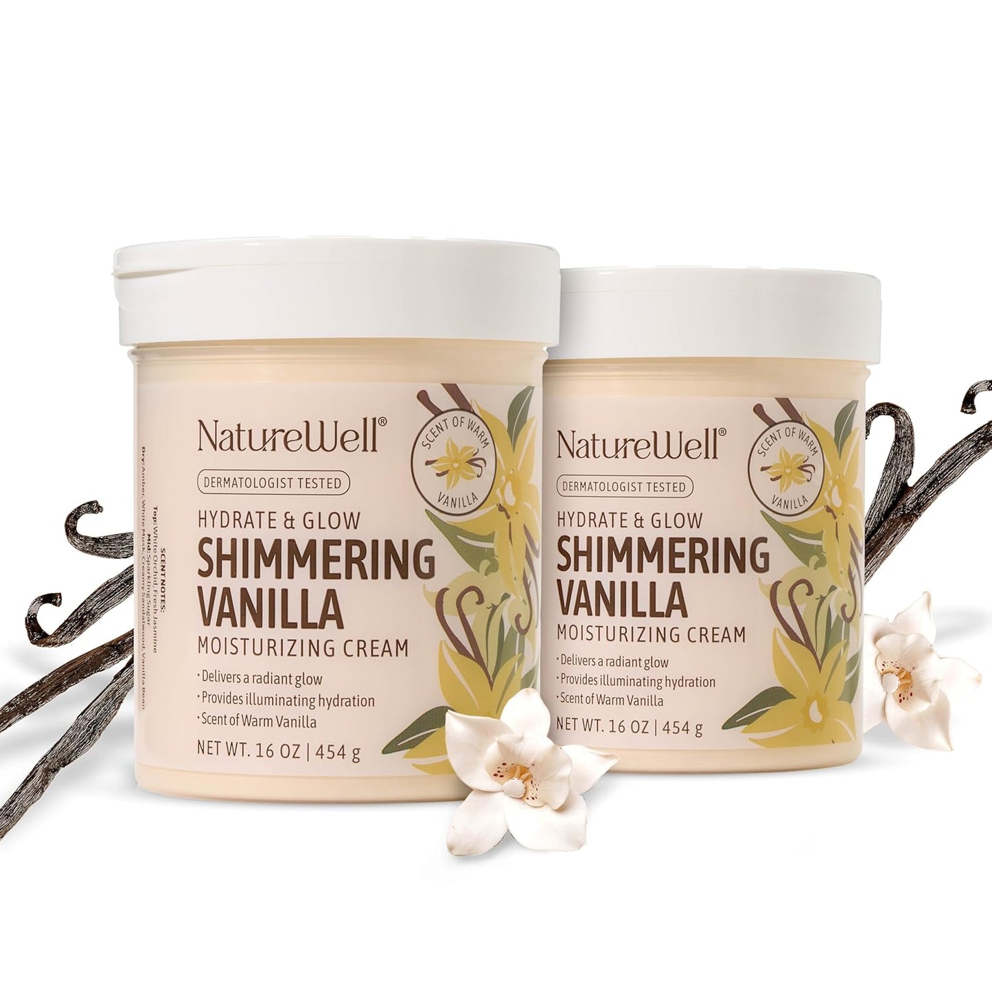 NATURE WELL Shimmering Vanilla Hydrate & Glow Moisturizing Cream For Face & Body, Intensely Nourishing & Softening, Delivers A Sparkling Radiance & Illuminating Hydration, Pack of 2 (16 Oz Each)