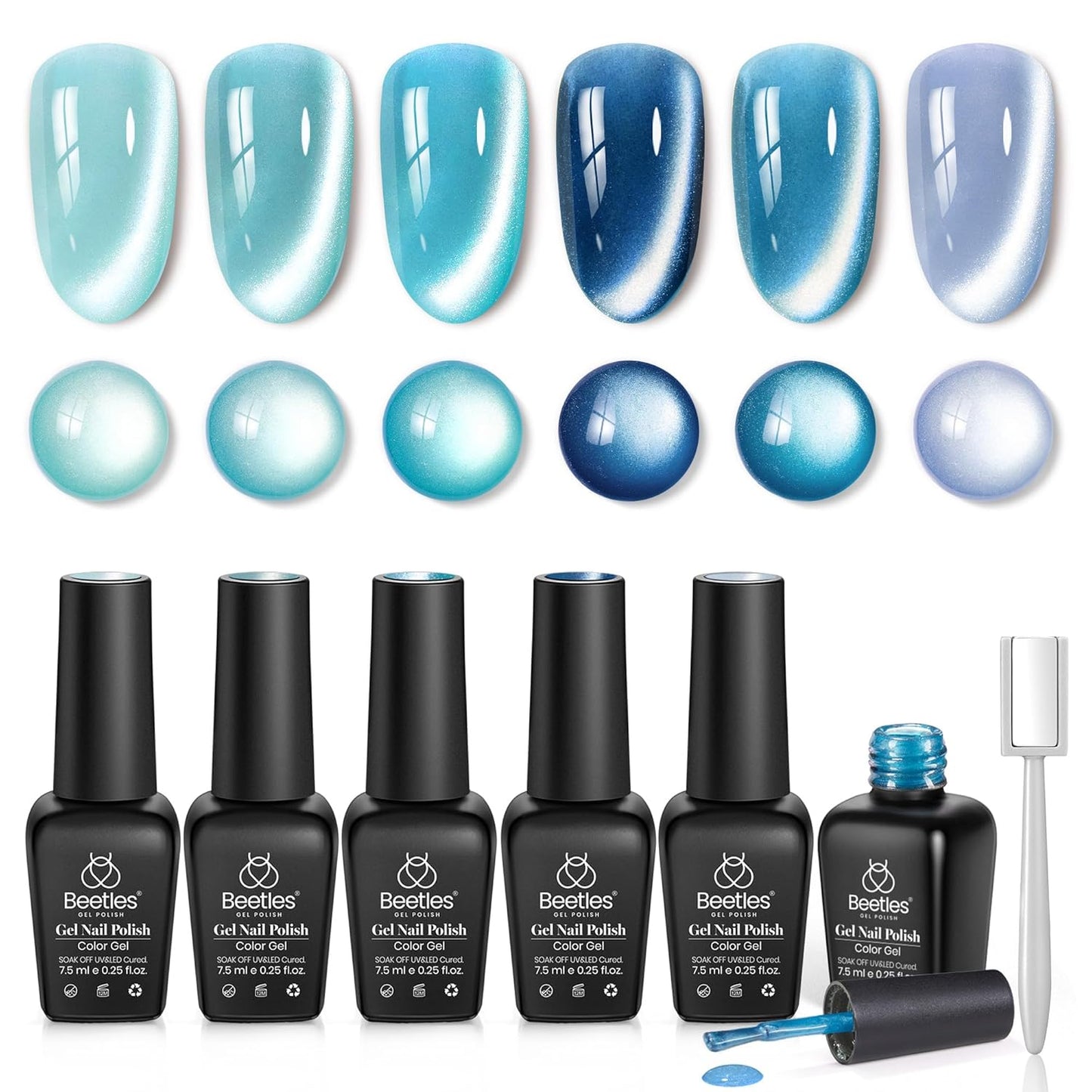 beetles Gel Polish Moonlit Mist Cat Eye Gel Nail Polish Set - 6 Colors Blue Glitter Fall Gel Nail Kit, Jelly Sheer Magnetic Shine Soak Off UV Gel for Salon DIY Manicure Gift for Women