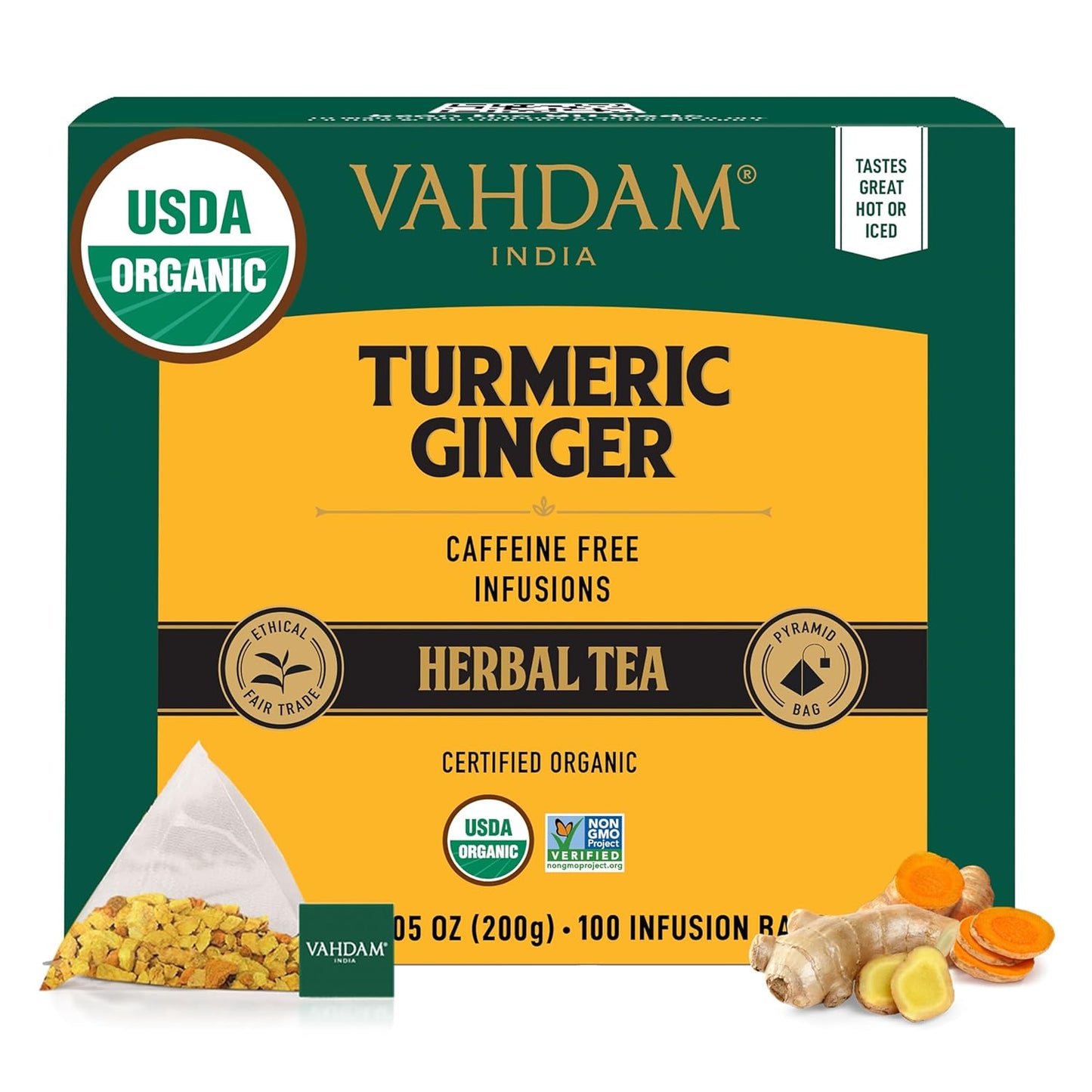 VAHDAM, Organic Turmeric Ginger Herbal Tea Bags (100 Pyramid Tea Bags) Caffeine Free, Non GMO | 100% Pure Herbal Blend - Savory & Spicy, Plant-Based Teabags | Resealable Ziplock Pouch