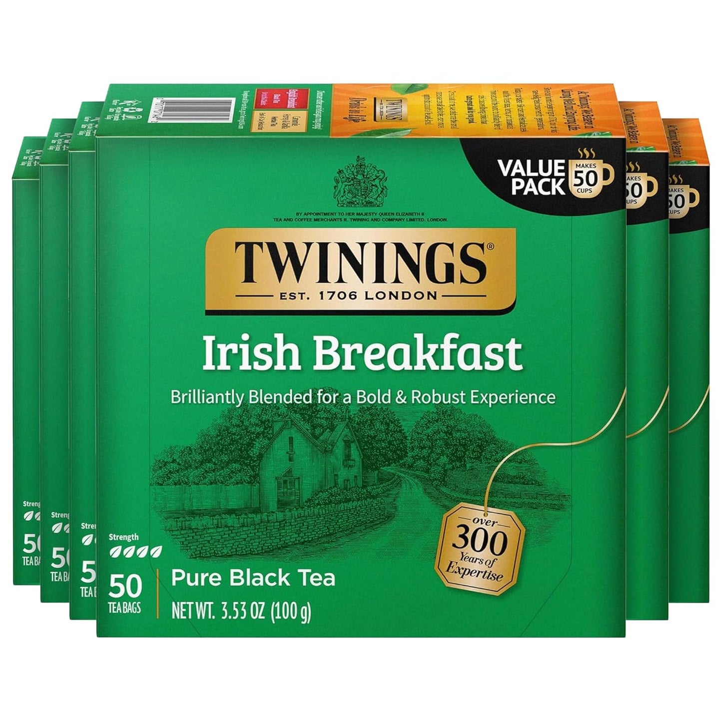 Twinings Irish Breakfast Black Tea Individually Wrapped Bags, 50 Count (Pack of 6), Flavourful, Bold, Robust, Caffeinated, Enjoy Hot or Iced, 300 Teabags