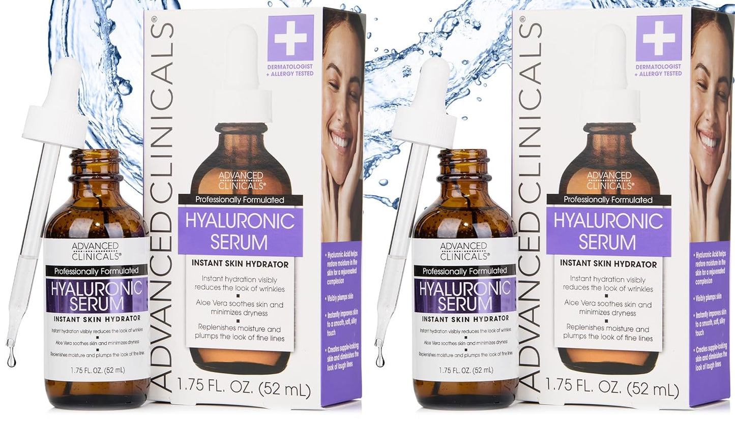 Advanced Clinicals Hyaluronic Acid Serum For Face | Moisturizing Facial Skin Care Products | Hydrating Serum For Face Helps Improve Look Of Wrinkles, Fine Lines, & Uneven Dry Skin Texture, 2-Pack