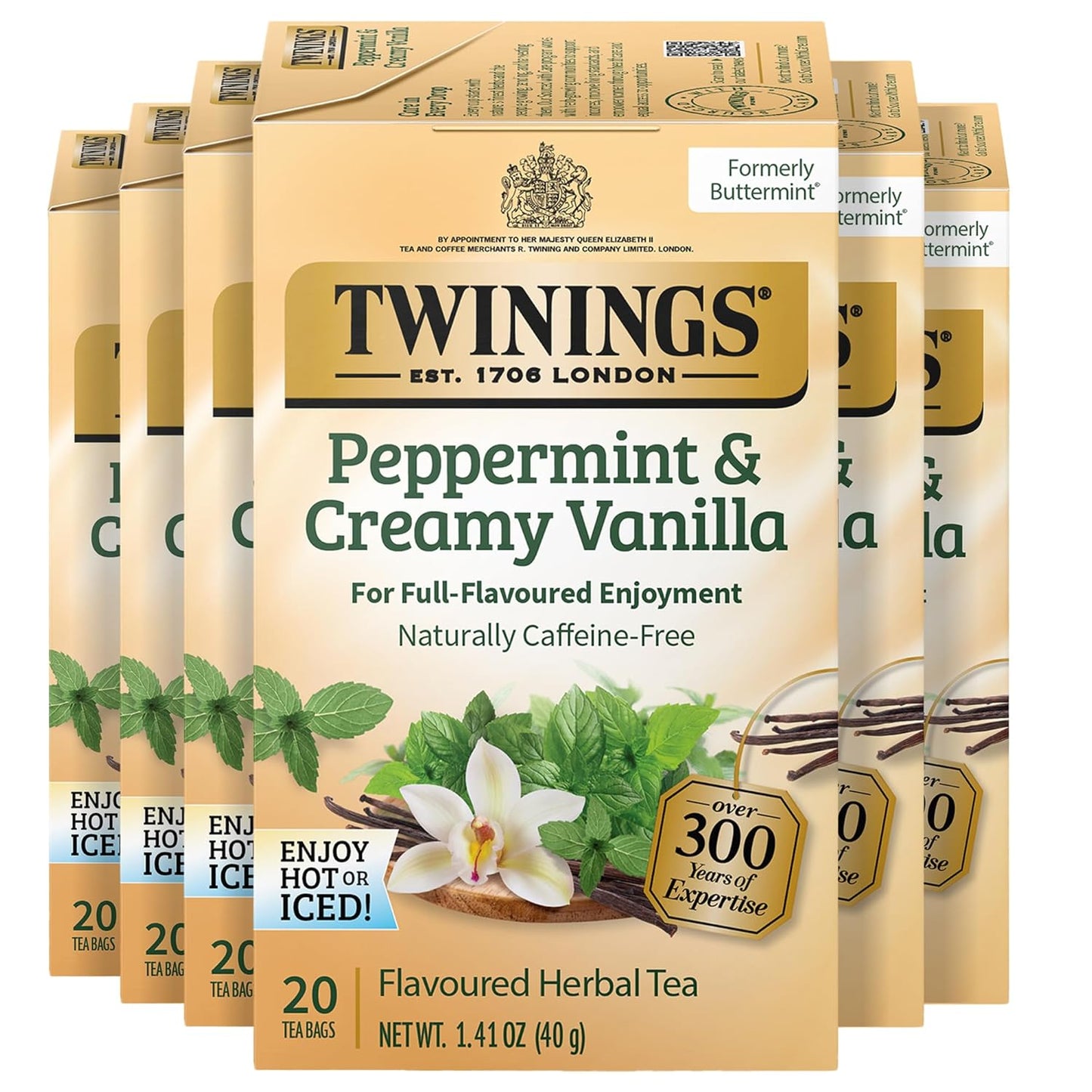 Twinings Peppermint & Creamy Vanilla Herbal Tea Individually Wrapped Bags, 20 Count (Pack of 6), Formerly Buttermint, Naturally Caffeine-Free, Enjoy Hot or Iced, 120 Teabags