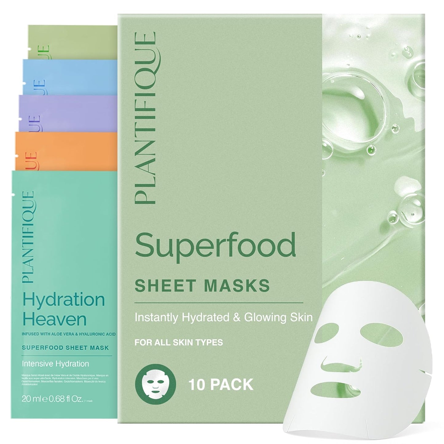 PLANTIFIQUE Superfood Facial Sheet Mask Variety Box 10 Pack – 2x Coconut, Aloe, Vitamin C, Centella & Collagen Face Masks – Hydrating & Glow-Enhancing – For All Skin Types