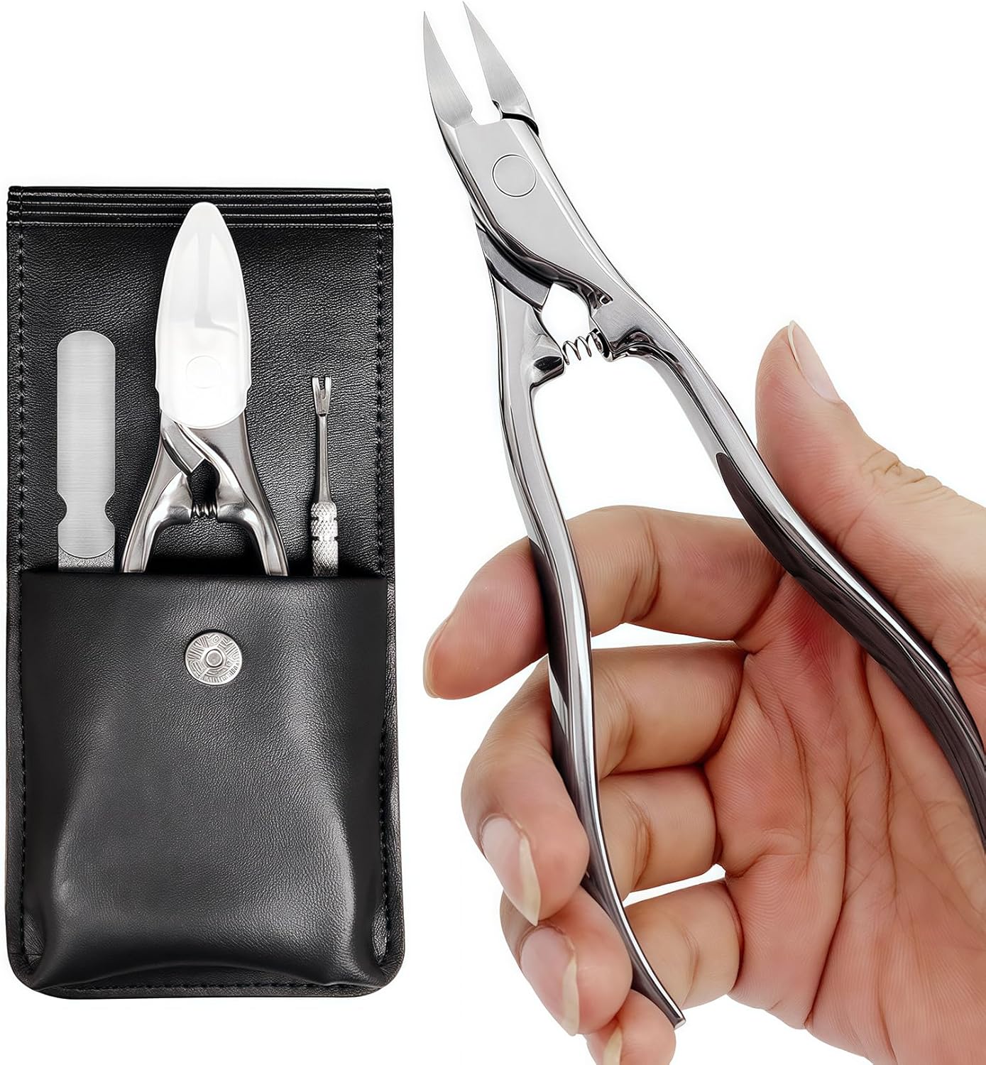 Long Handle Toenail Clippers for Thick Toenails for Seniors, Heavy Duty Large Ergonomic Ingrown Toe Nail Clippers for Men, 3pcs Set with Leather Case (JCCT3PS)