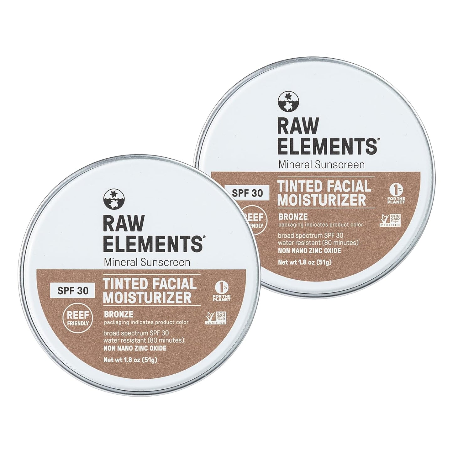 Raw Element Ultra-Moisturizing Tinted Face Cream, Non Toxic Mineral Face Sunscreen, Daily Tinted Moisturizer, Non-Nano Zinc Oxide, Reef Friendly, All Ages, SPF 30, 1.8 oz, Bronze, Pack of 2