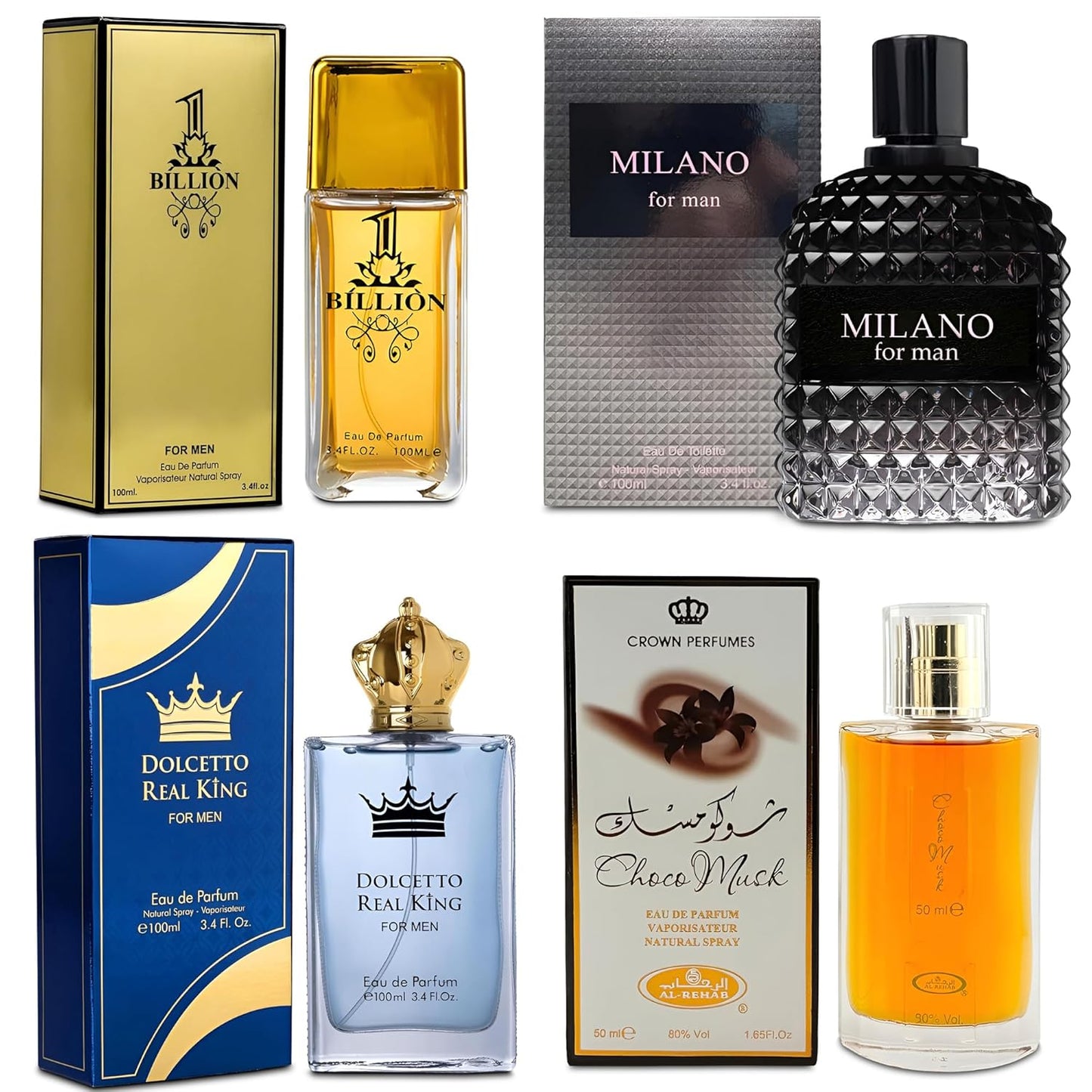 Men Cologne 4-Piece Combo Set (Choco/Milano/Billion/Docetto Real King) Each 100ml Eau de Toilette/Parfume Spray Premium Men Perfume Set Long Lasting Fragrance for Daily Use