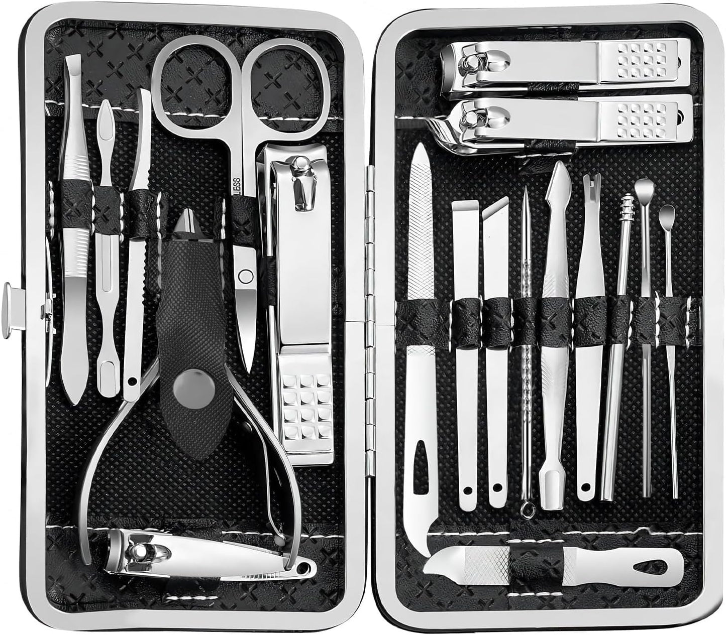 19 Pieces Fingernail and Toenail Professional Manicure Pedicure Nail Clippers Set Stainless Steel Nail Cutter Scissors Grooming Kit with Luxurious Travel Case (Black)