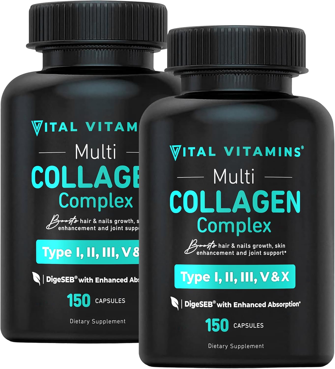 Vital Vitamins Multi Collagen Pills for Women & Men (2-Pack) - Hydrolyzed Collagen Peptides - Type I, II, III, V, X - Grass Fed, Non-GMO