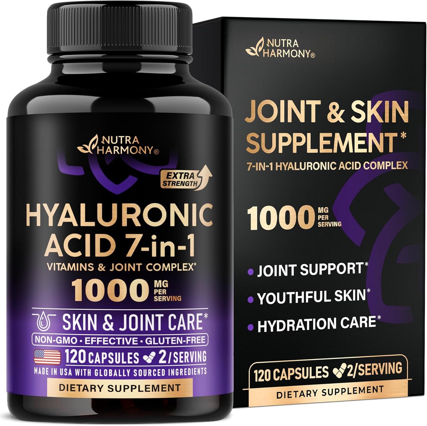 Hyaluronic Acid Supplements 1000 mg - Collagen | MSM | Boswellia | Vitamin D3, C & E - Hyaluronic Acid Capsules - Skin Hydratation & Joint Comfort Support - 7-in-1 Complex - Made in USA - 120 Capsules