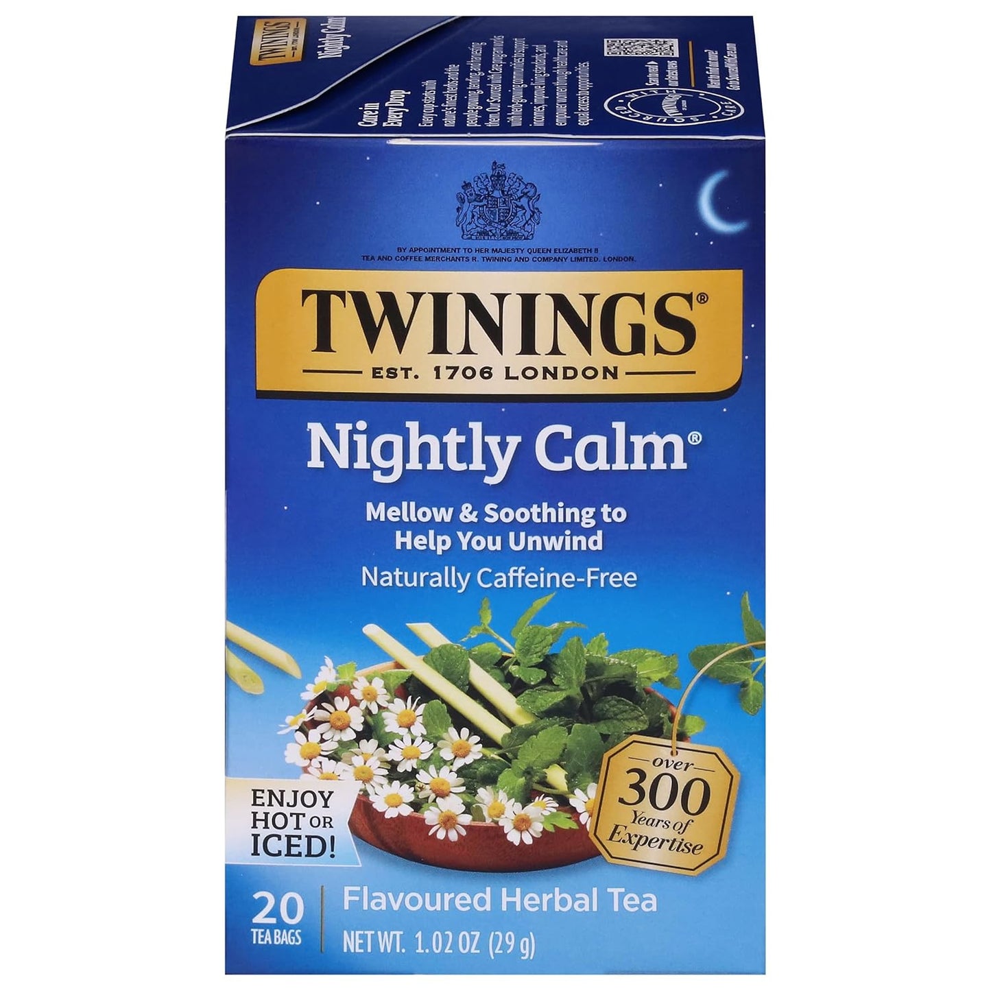 Twinings Nightly Calm Herbal Tea Individually Wrapped Bags, 20 Count (Pack of 1), Spearmint & Lemongrass, Naturally Caffeine-Free, Enjoy Hot or Iced, 20 Teabags