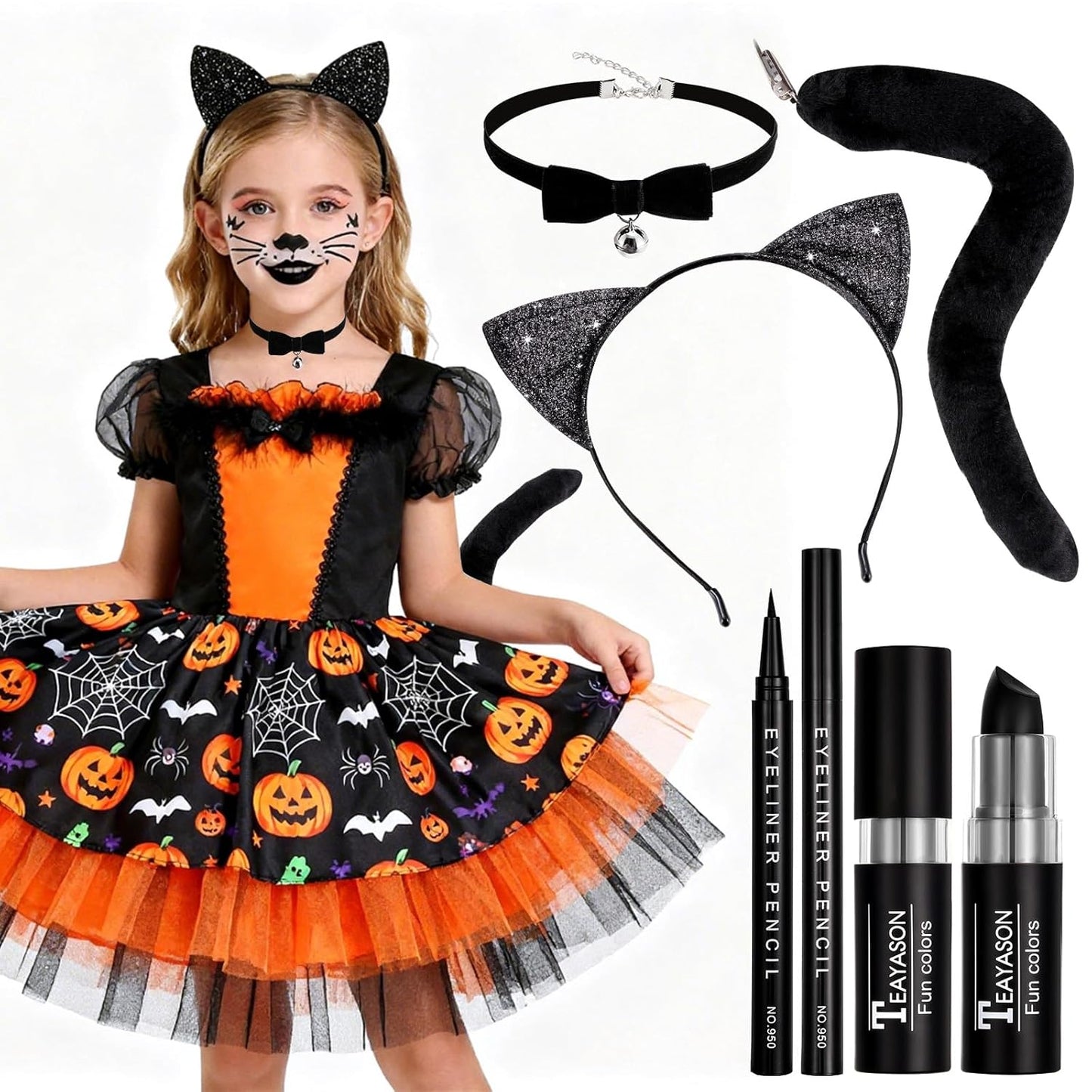 Halloween Black Cat Makeup Kit, Ears Headband, Black Lipstick, Eyeliner, Tail, and Bell Collar, Costume Accessories for Cosplay Party SFX Makeup