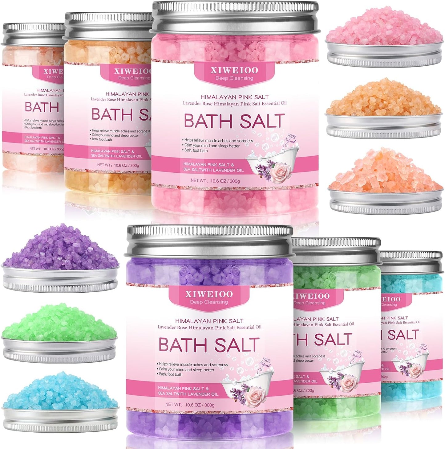 6 Pack Bath Salt KIT for Soaking Himalayan Pink Salt Lavender Orange Rose Pink Scent Epsom Salt Bubble Bath for Women Gift with Dead Sea Salt Moisturizing Skin Essential Oil