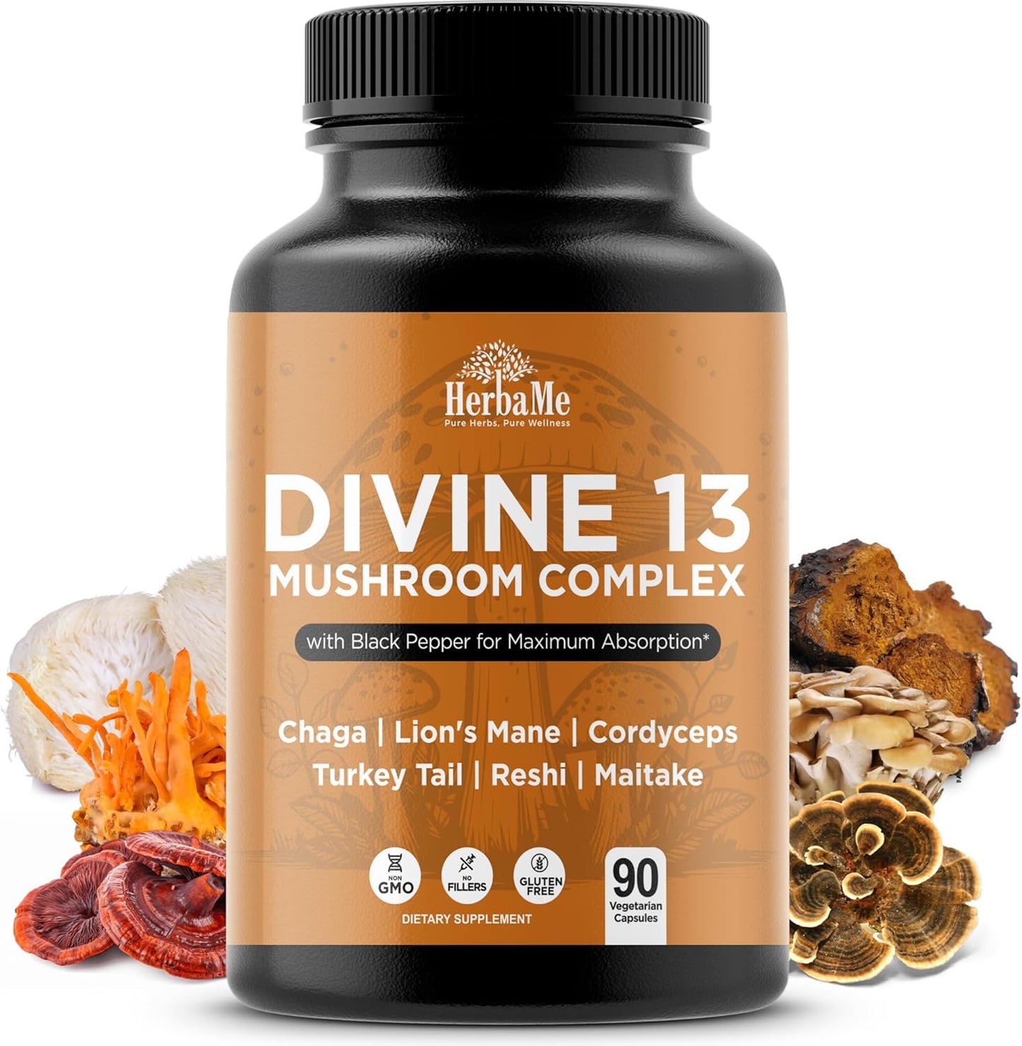 Mushroom Extract Complex with Black Pepper, Lion's Mane, Cordyceps, Turkey Tail, Chaga, Shiitake, Maitake, Nootropic Brain Supplements for Memory and Focus, Immune System Support, 90 Capsules