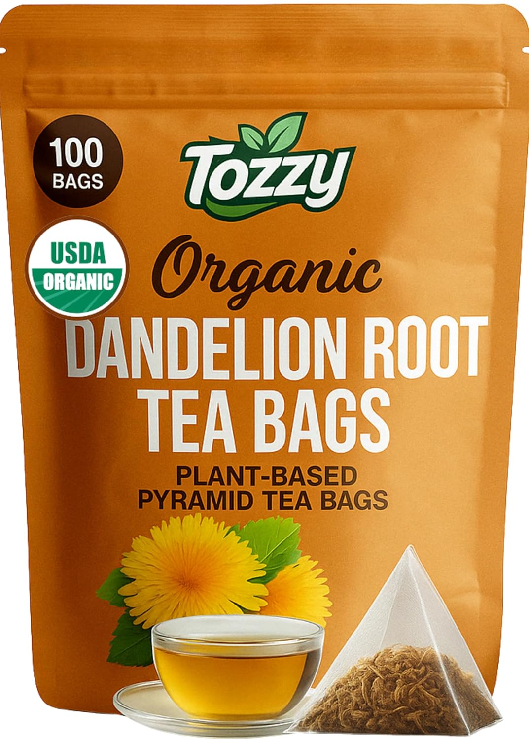 Tozzy Organic Dandelion Root Tea – 100 Count, Plant-Based Pyramid Tea Bags