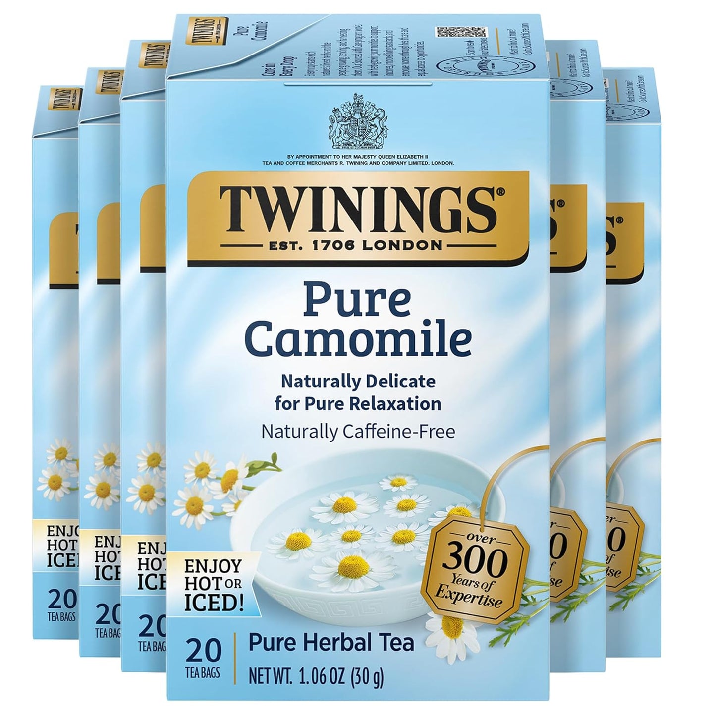 Twinings Pure Camomile Herbal Tea Individually Wrapped Bags, Calming & Delicate, 20 Count (Pack of 6), Naturally Caffeine-Free, Enjoy Hot or Iced, 120 Teabags