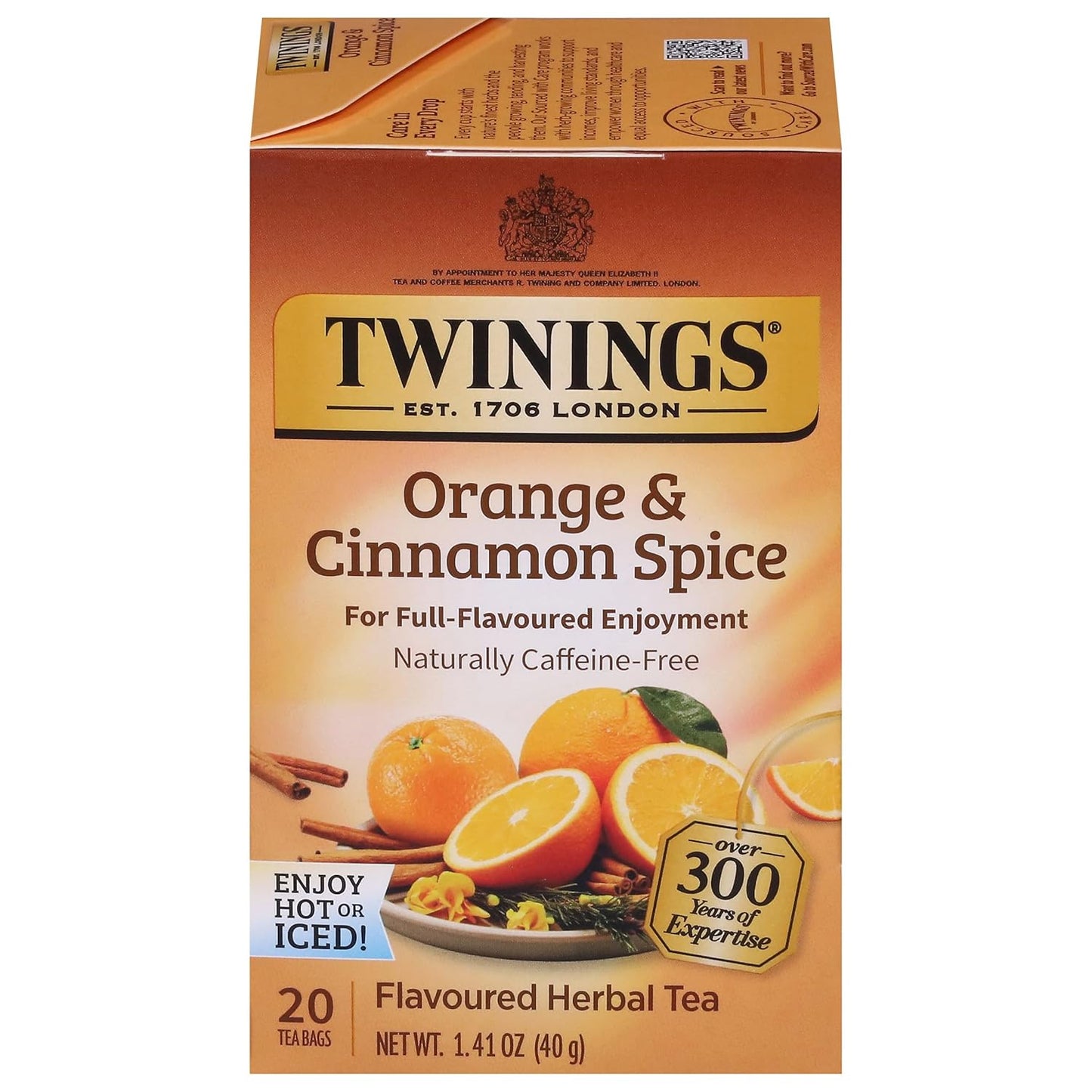 Twinings Orange & Cinnamon Spice Herbal Tea Individually Wrapped Bags, 20 Count (Pack of 1), Naturally Caffeine-Free, Enjoy Hot or Iced, 20 Teabags