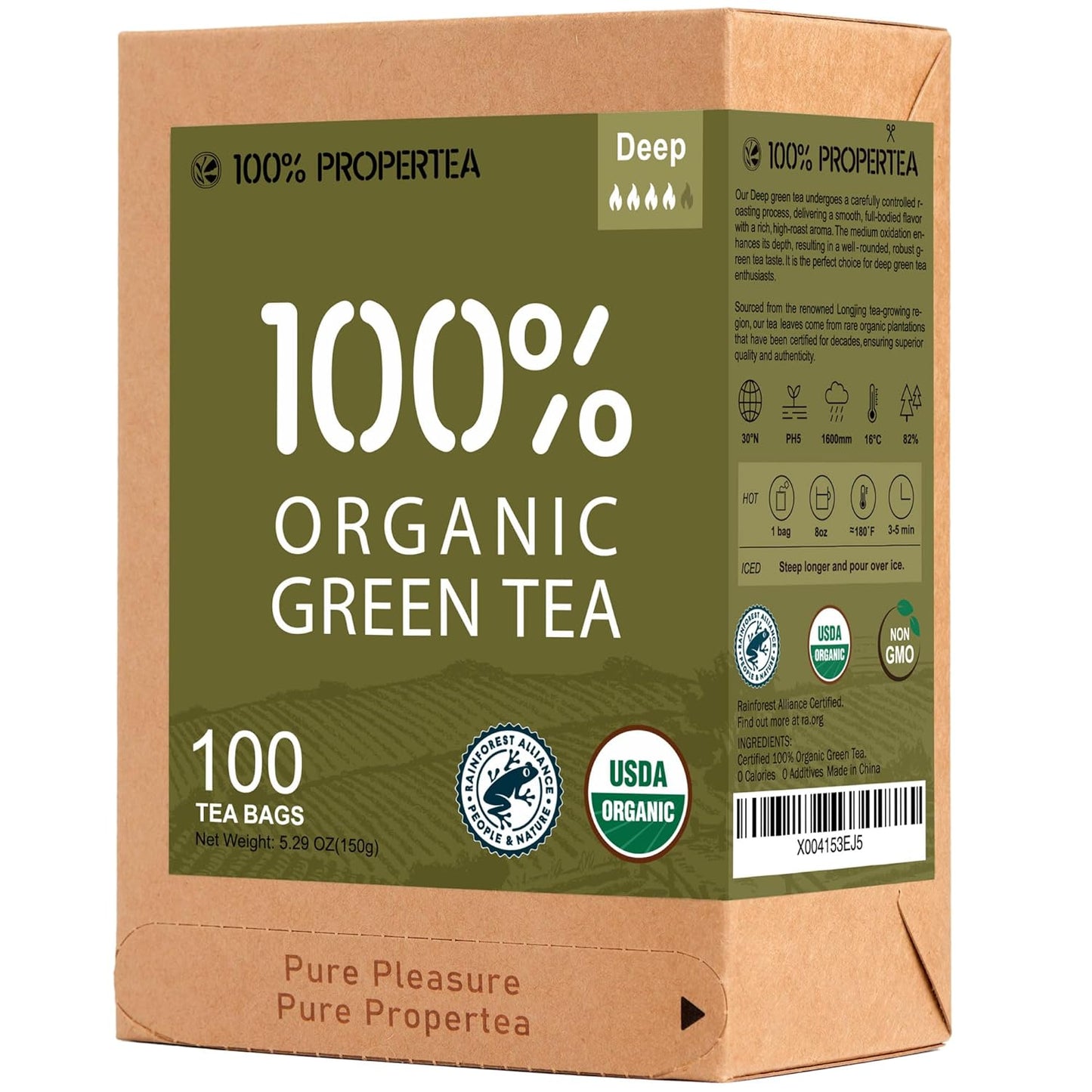 100% Propertea Organic Green Tea Bags, 100 Count, Individually Wrapped, Deep Taste, Caffeinated, Rich in Antioxidants