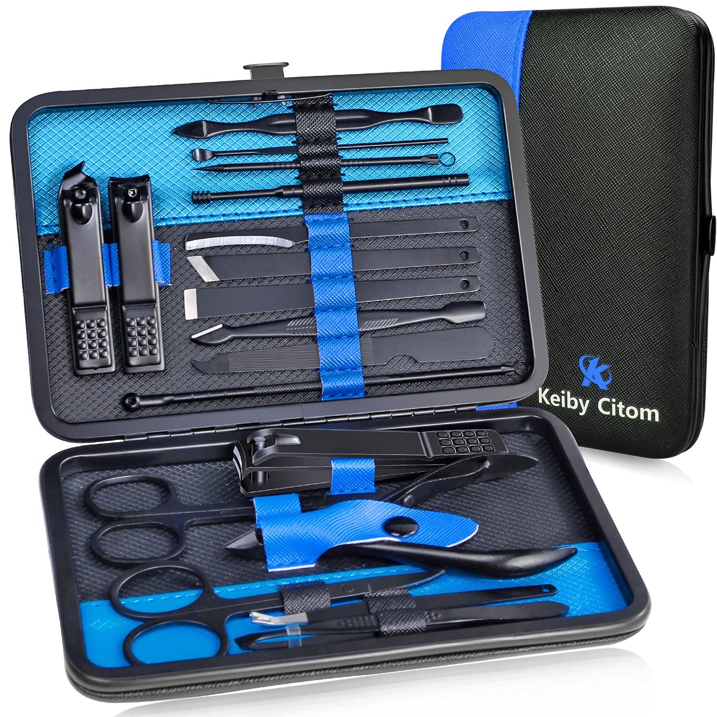 Professional Stainless Steel Nail Clipper Travel & Grooming Kit Nail Tools Manicure & Pedicure Set of 18pcs with Luxurious Case (Black/Blue)