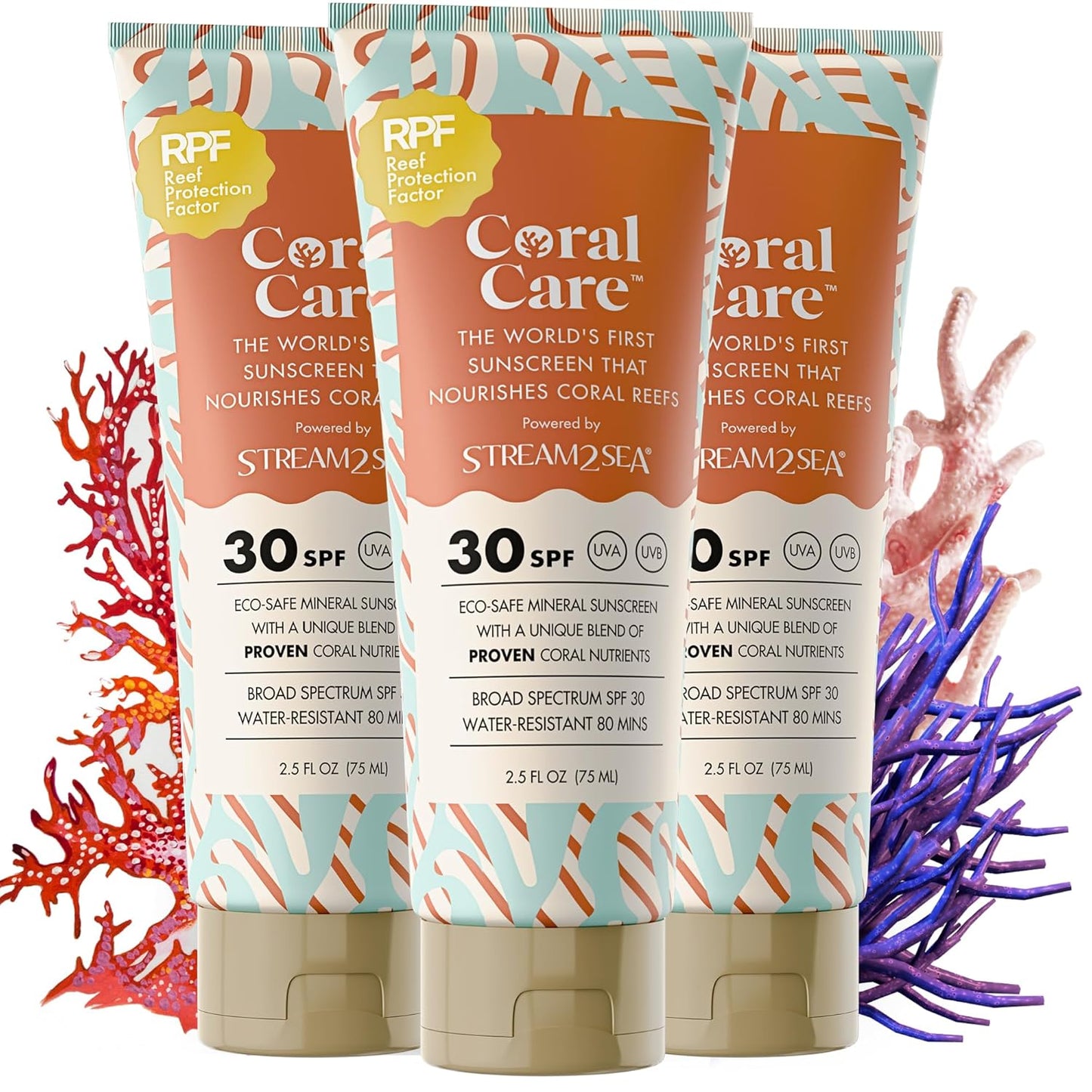 Stream2Sea Coral Care - Reef Safe Sunscreen SPF 30 Travel Size - First Reef-Approved Natural Mineral Sun block Boosts Coral Growth Water resistant- Non-Toxic, Biodegradable, Eco-Friendly - 3 Pack