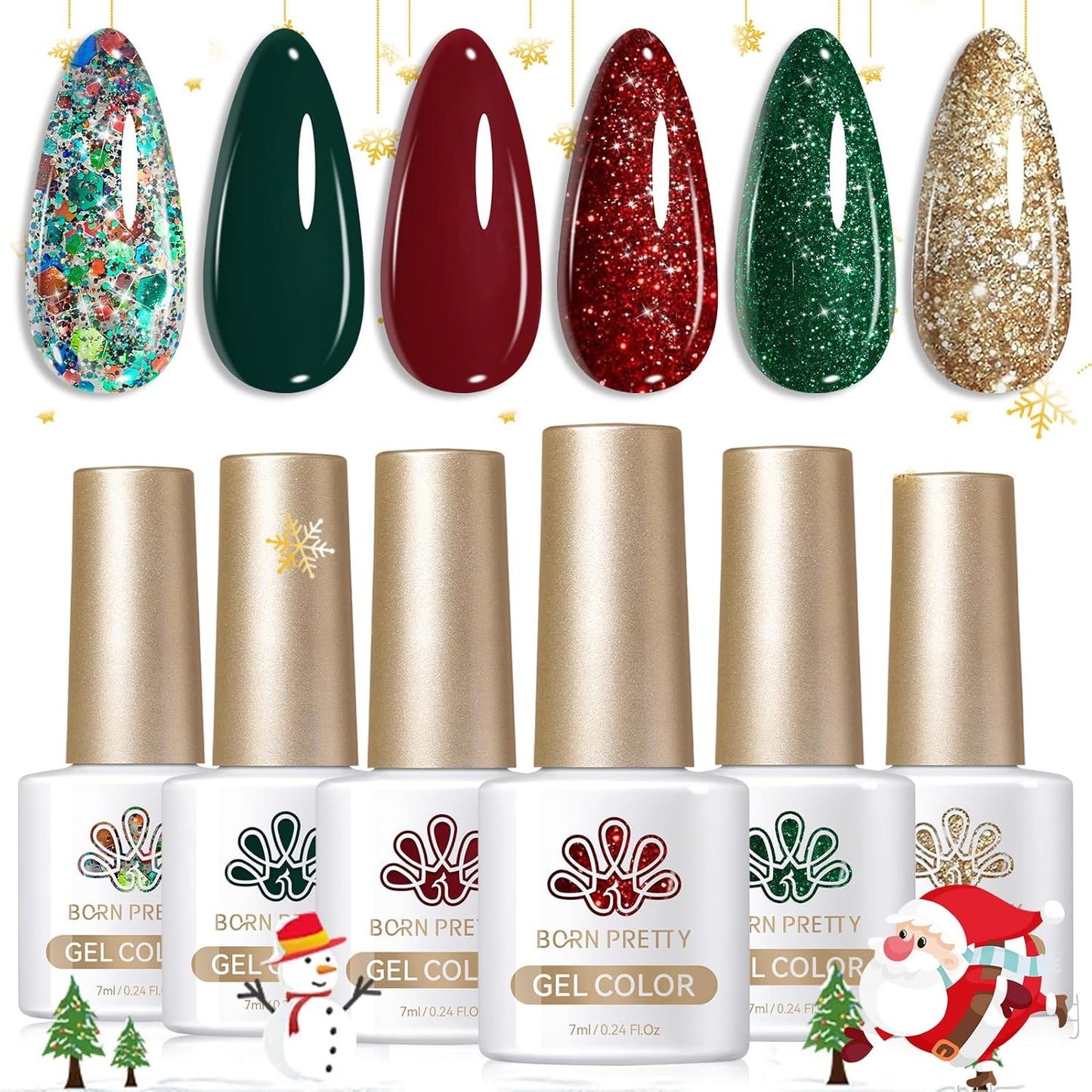 Born Pretty Gel Nail Polish Set 6 Colors,Spring Summer Green Red Gold Glitter Colos Gel Polish Kit Nail Art Manicure Design DIY Home Salon Collection Gift