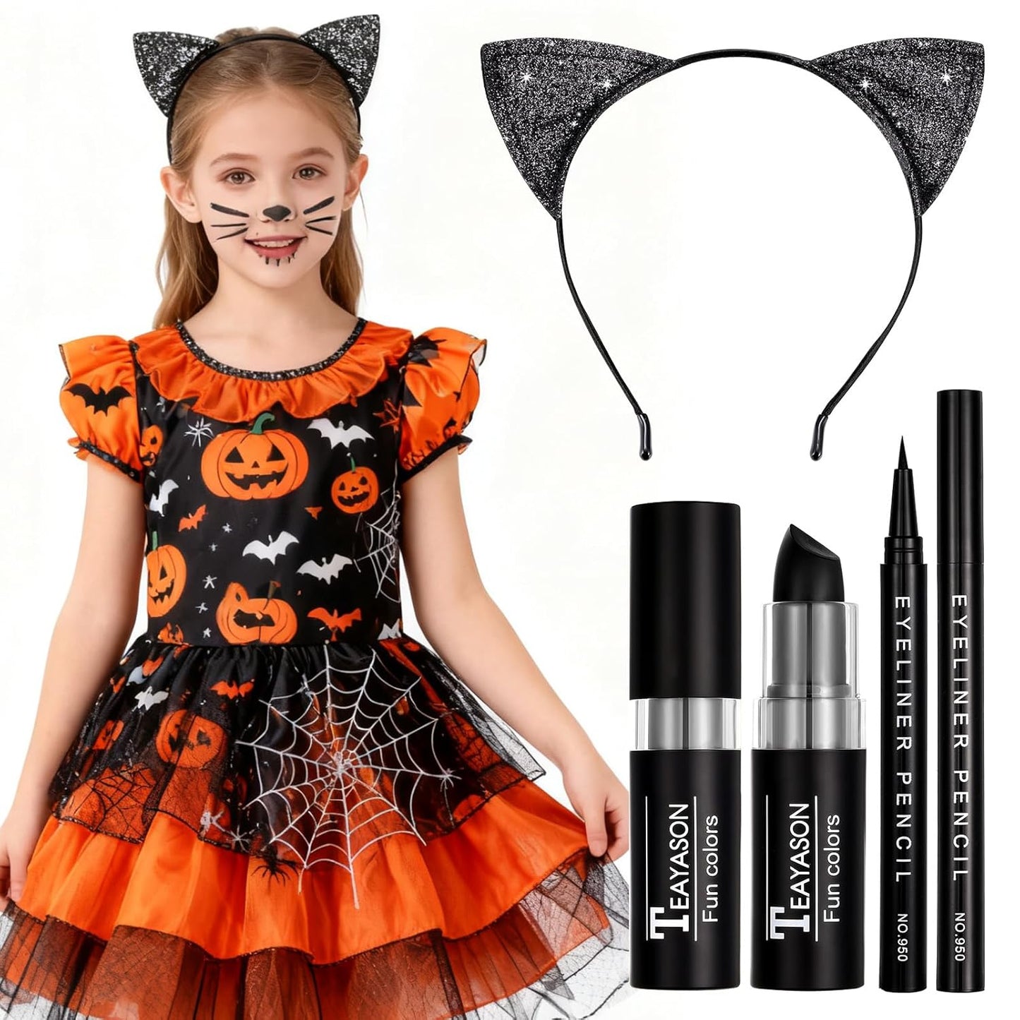 Halloween Black Cat Makeup Kit, Ears Headband, Lipstick, and Eyeliner, Costume Accessories for Black Cat Cosplay Party SFX Makeup