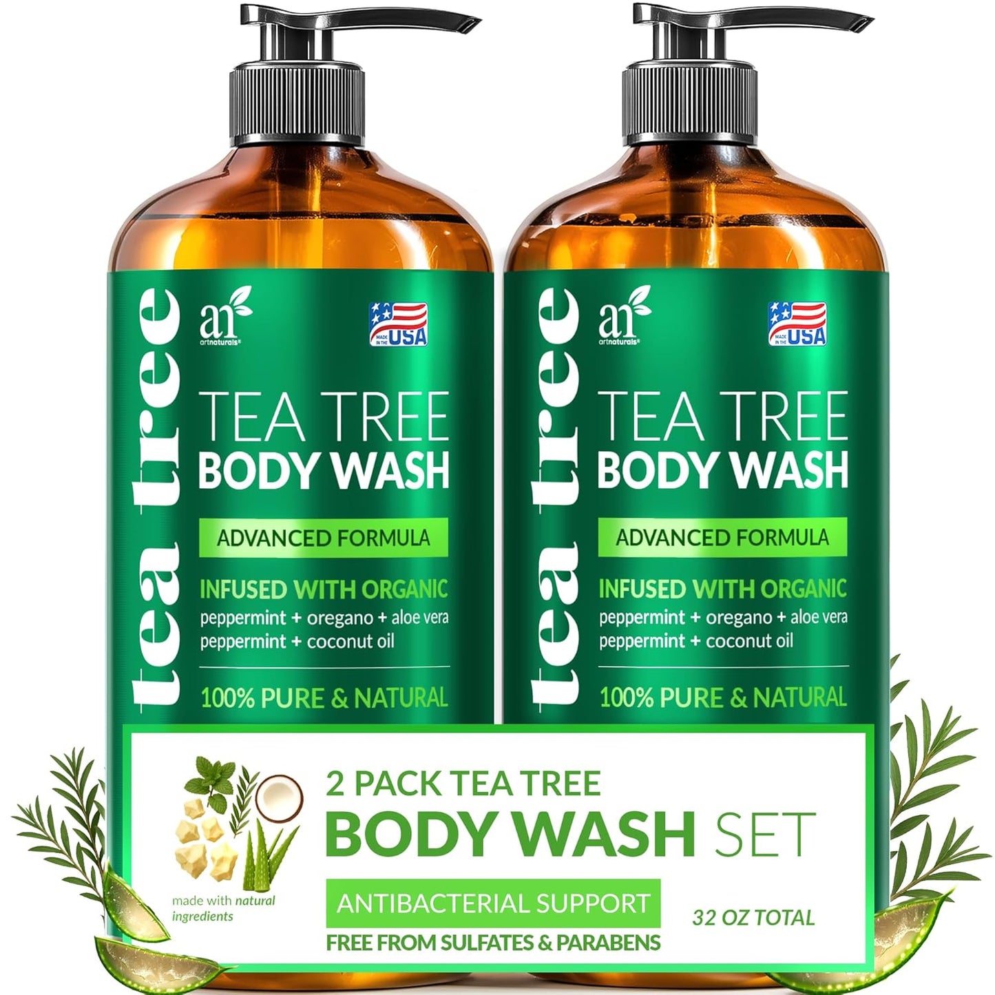 Antibacterial Tea Tree Oil Body Wash For Men & Women Remedy Soap Extra Strength - Helps Treat Acne, Athletes foot, Eczema, Toenail Fungus & Jock Itch & Ringworm (16 Fl Oz (Pack of 2)