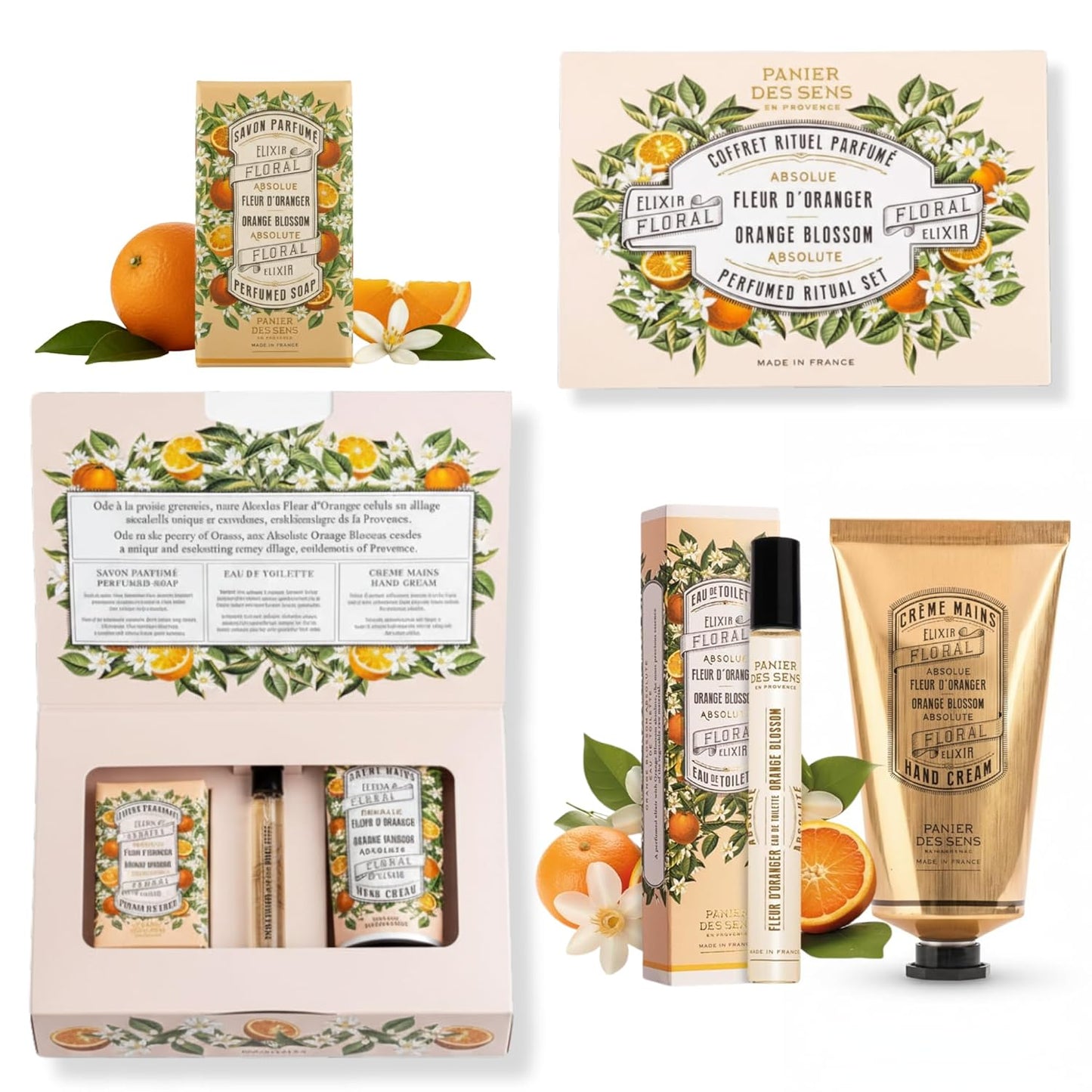Panier des Sens - Orange Blossom Gift Set for Women - Roll On Perfume + Hand Cream + Bar Soap - Thank you, Birthday Gift for Her - Self Care Kit with 96% Natural Ingredients - Skin Care Set
