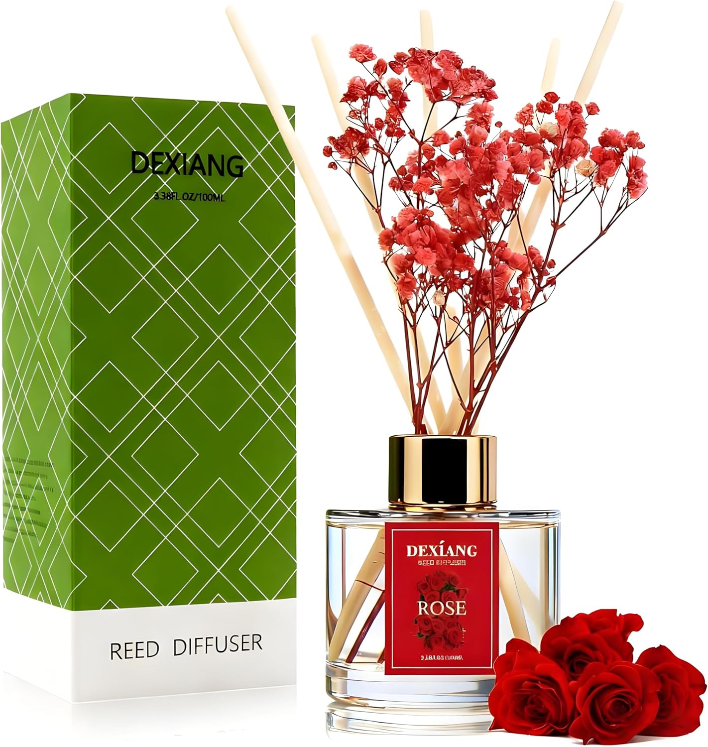Reed Diffuser Set - 3.38 fl oz (100ml) Rose Home Fragrance Reed Diffuser for Bathroom Shelf Decor 6 Reed Stick