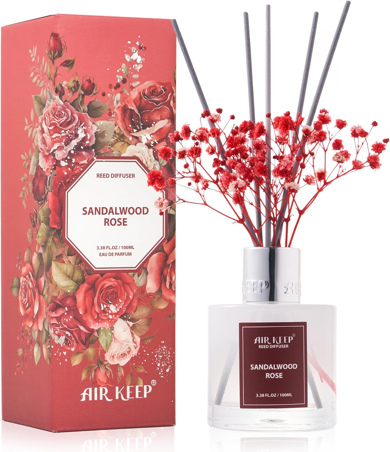 Airkeep Reed Diffuser Set,3.38 fl oz (100 ml) - Sandalwood Rose Oil Diffusers with 8 Reed Sticks,Home Fragrance Reed Diffuser for Bathroom Shelf Decor