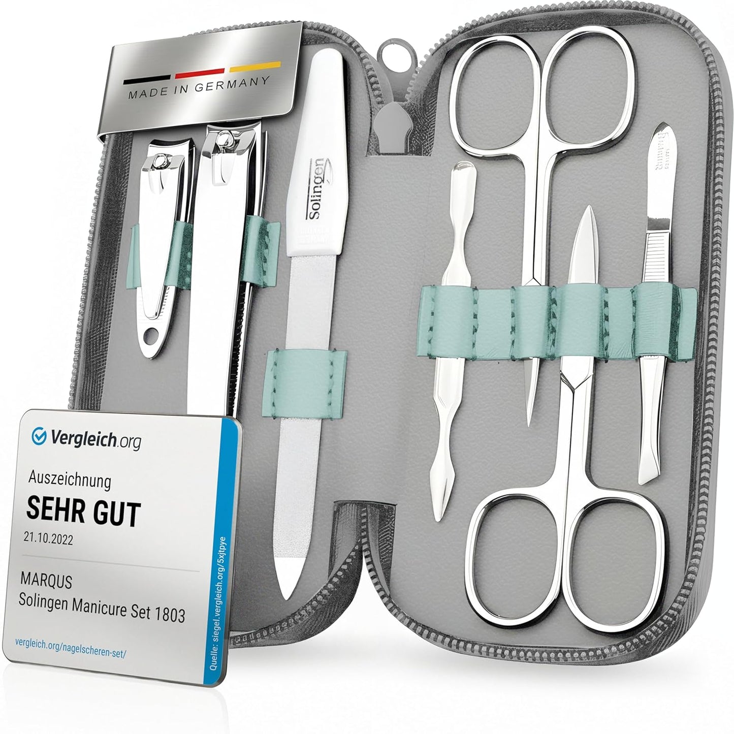 Manicure Set Solingen Made in Germany - 7 Piece Exclusive Finger & Toe Nail Clippers Kit for Women and Men in Real Leather Case, Color Mint