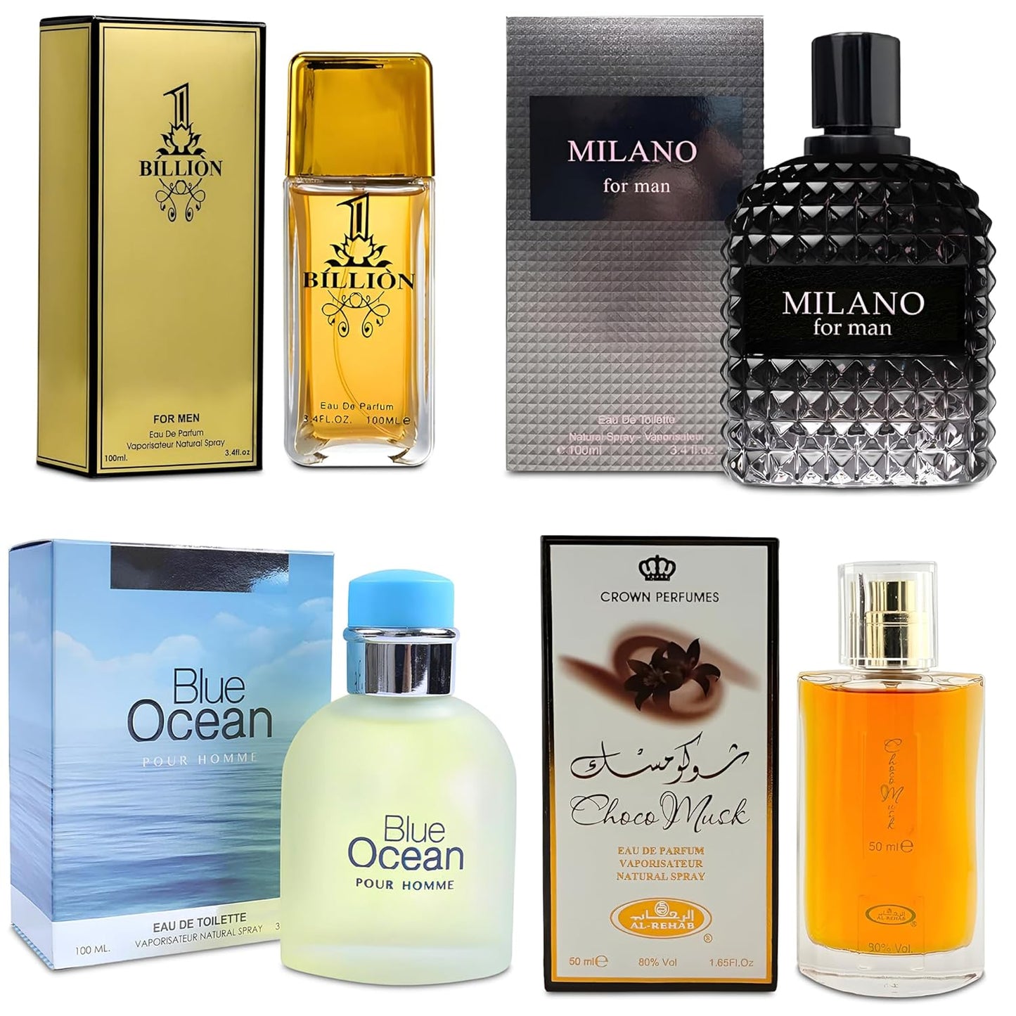 Men Cologne 4-Piece Combo Set (Choco/Milano/Billion/Blue Ocean) Each 100ml Eau de Toilette/Parfume Spray Premium Men Perfume Set Long Lasting Fragrance for Daily Use
