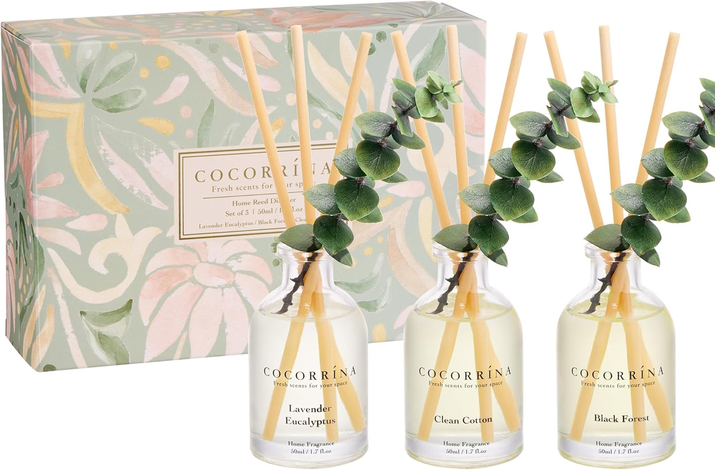 COCORRÍNA Eucalyptus Reed Diffuser Set of 3 - Lavender Eucalyptus, Black Forest, Clean Cotton Scents, 1.7 fl oz Each, Total 5.1 oz, Scented Oil Diffusers for Home & Office